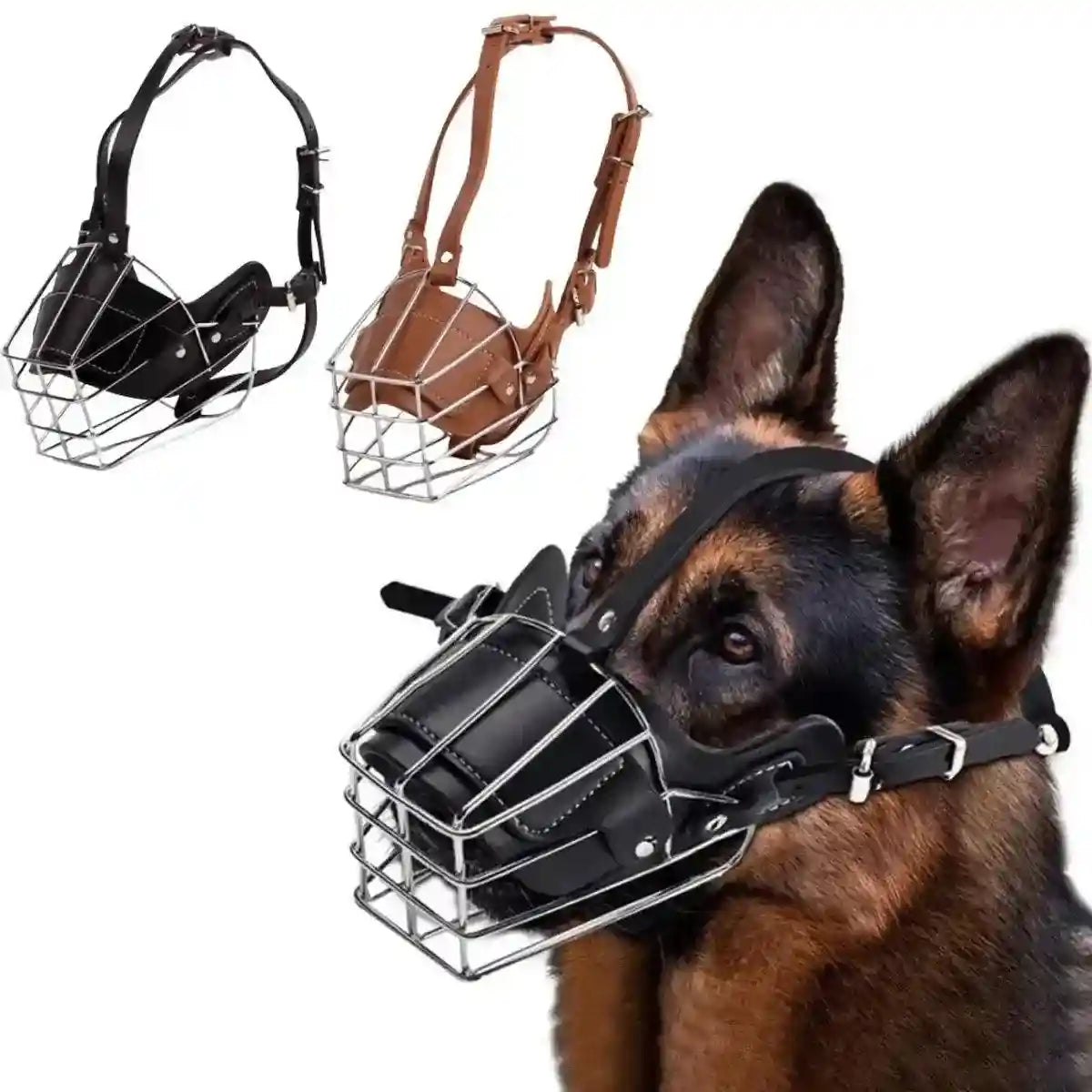 Durable Dog Mouth Guard with Stainless Steel Basket & Adjustable Straps