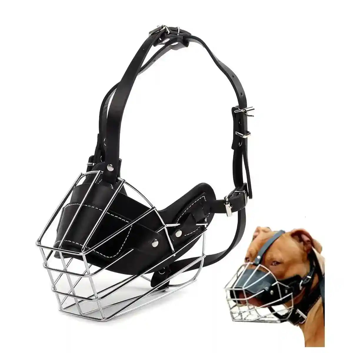 Durable Dog Mouth Guard with Stainless Steel Basket & Adjustable Straps