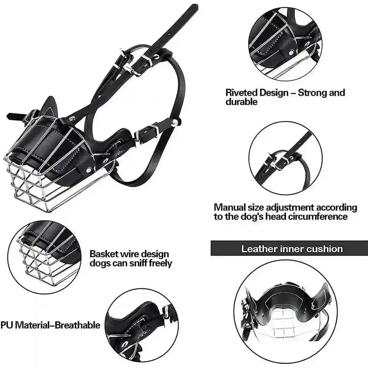 Durable Dog Mouth Guard with Stainless Steel Basket & Adjustable Straps