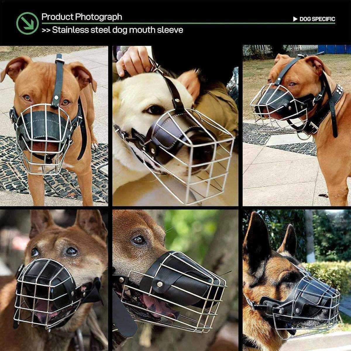 Durable Dog Mouth Guard with Stainless Steel Basket & Adjustable Straps