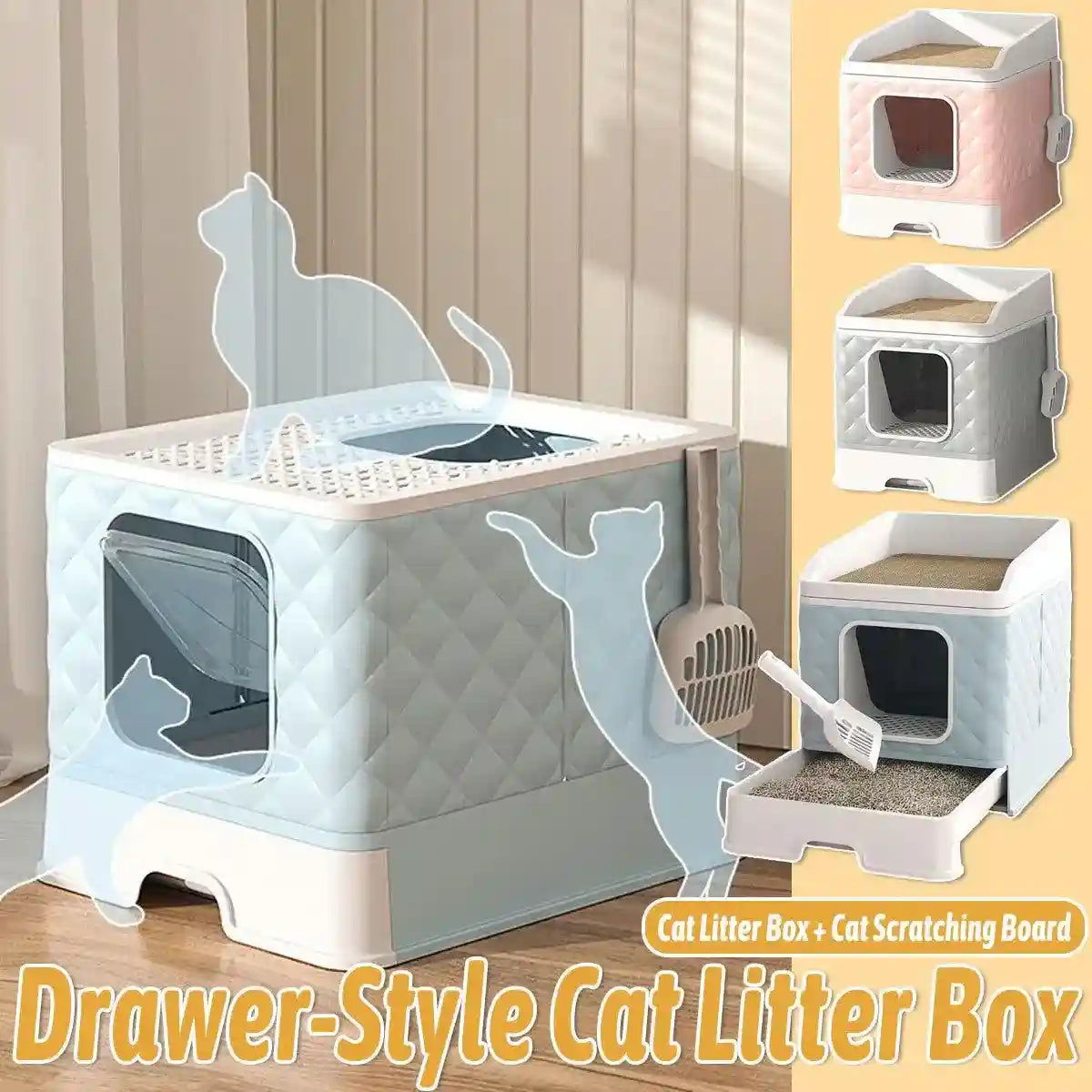 Drawer-Style Cat Litter Box with Scratching Board & Scoop