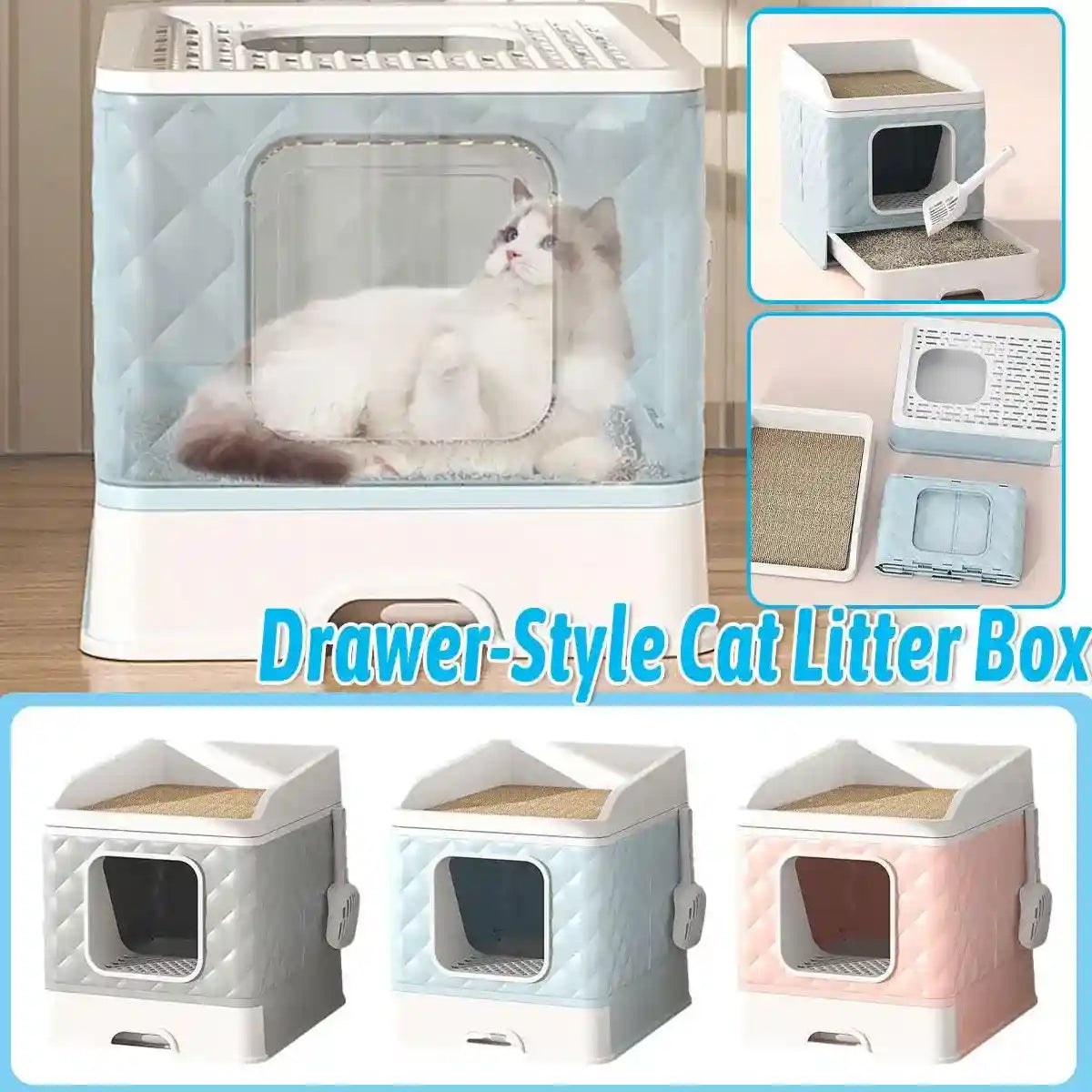Drawer-Style Cat Litter Box with Scratching Board & Scoop