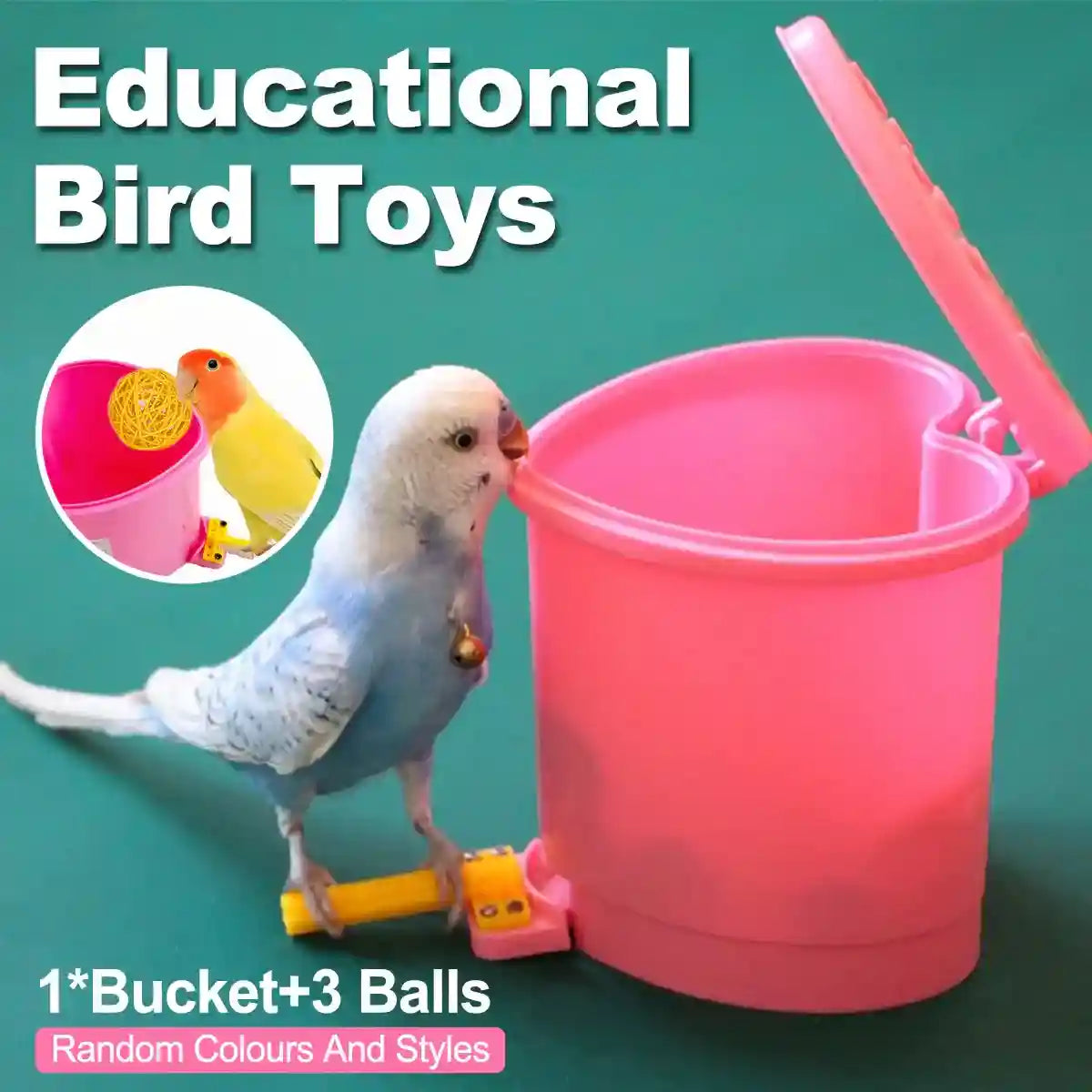Interactive bird toy with bucket and training balls