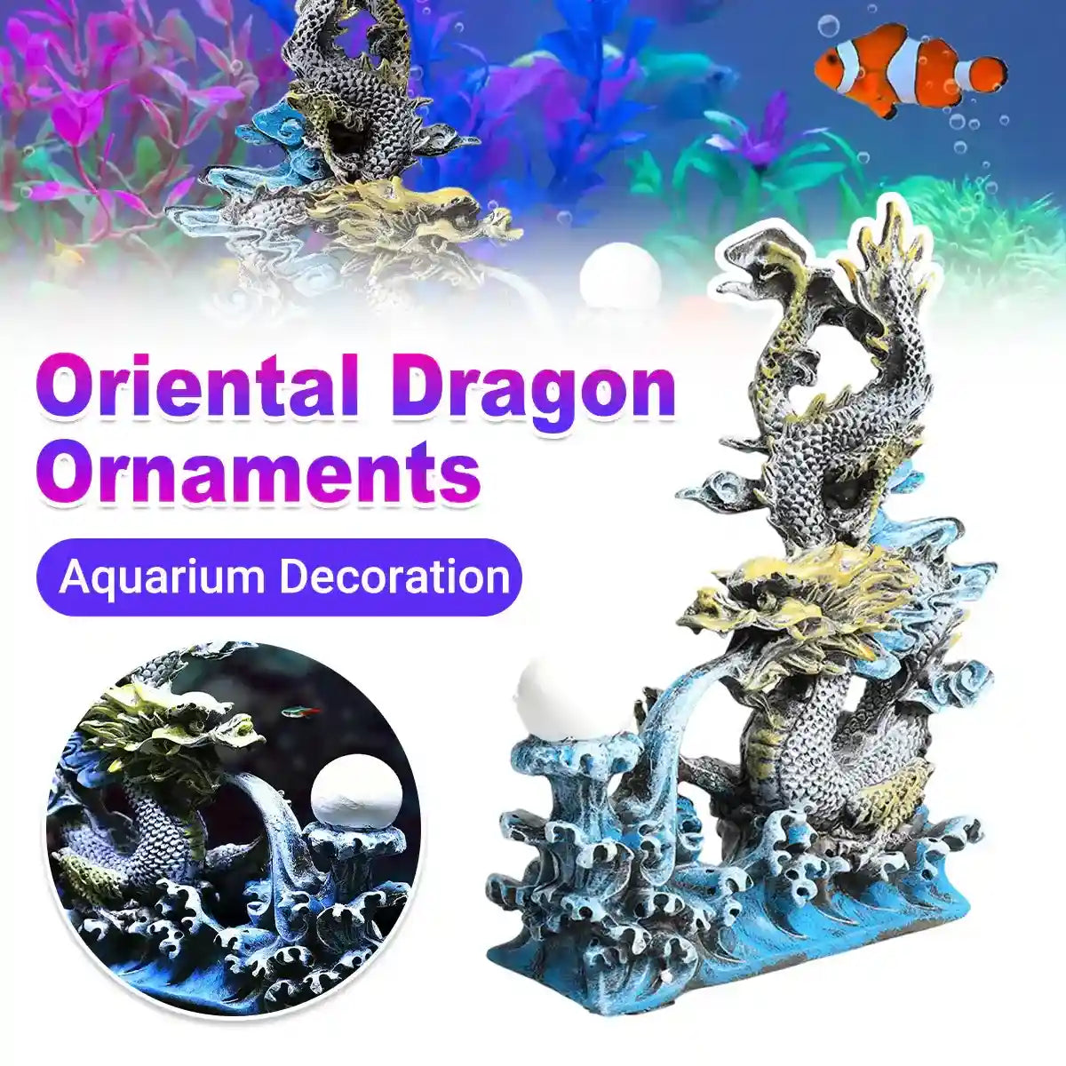 Oriental dragon aquarium ornament with gold and silver design over blue waves