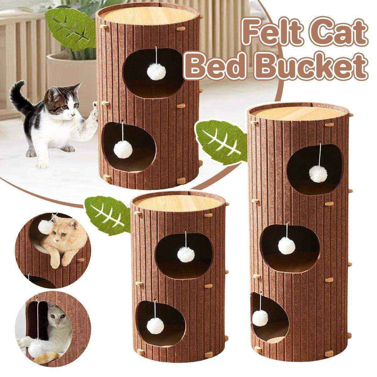 Multi-layer felt cat house indoor with tree trunk design and ball toy