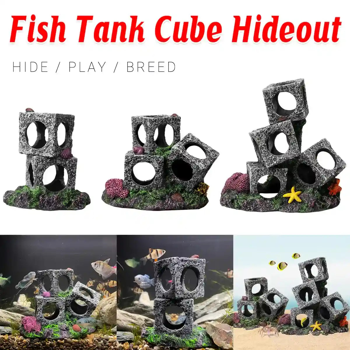 Square Aquarium Cave Resin Set for Small Fish Habitat and Aquascaping