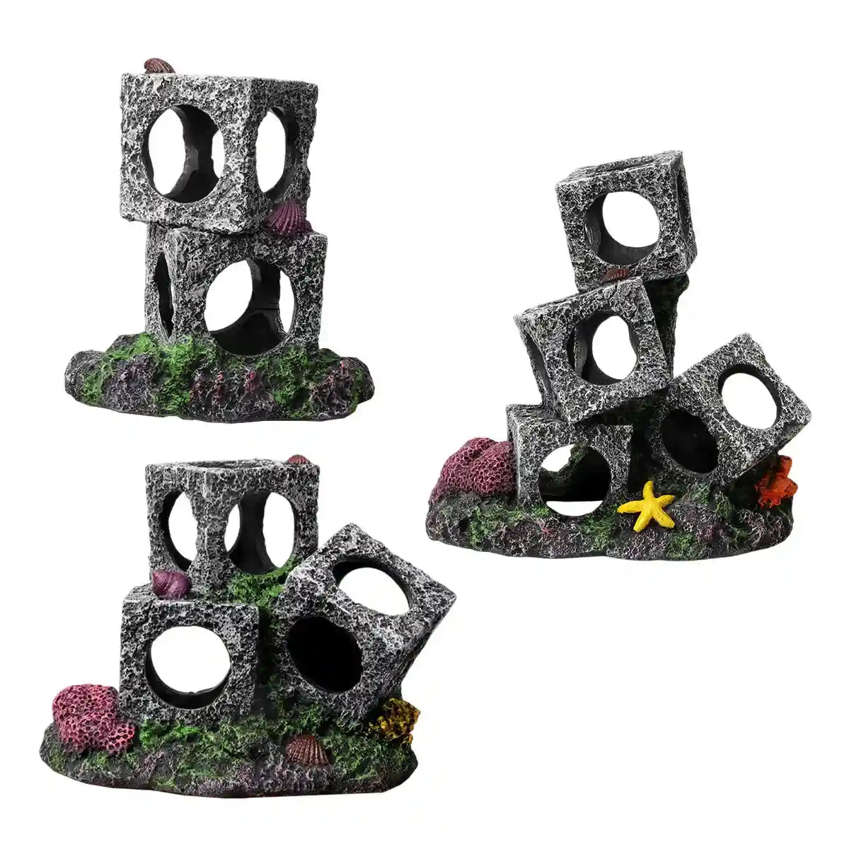 Square Aquarium Cave Resin Set for Small Fish Habitat and Aquascaping