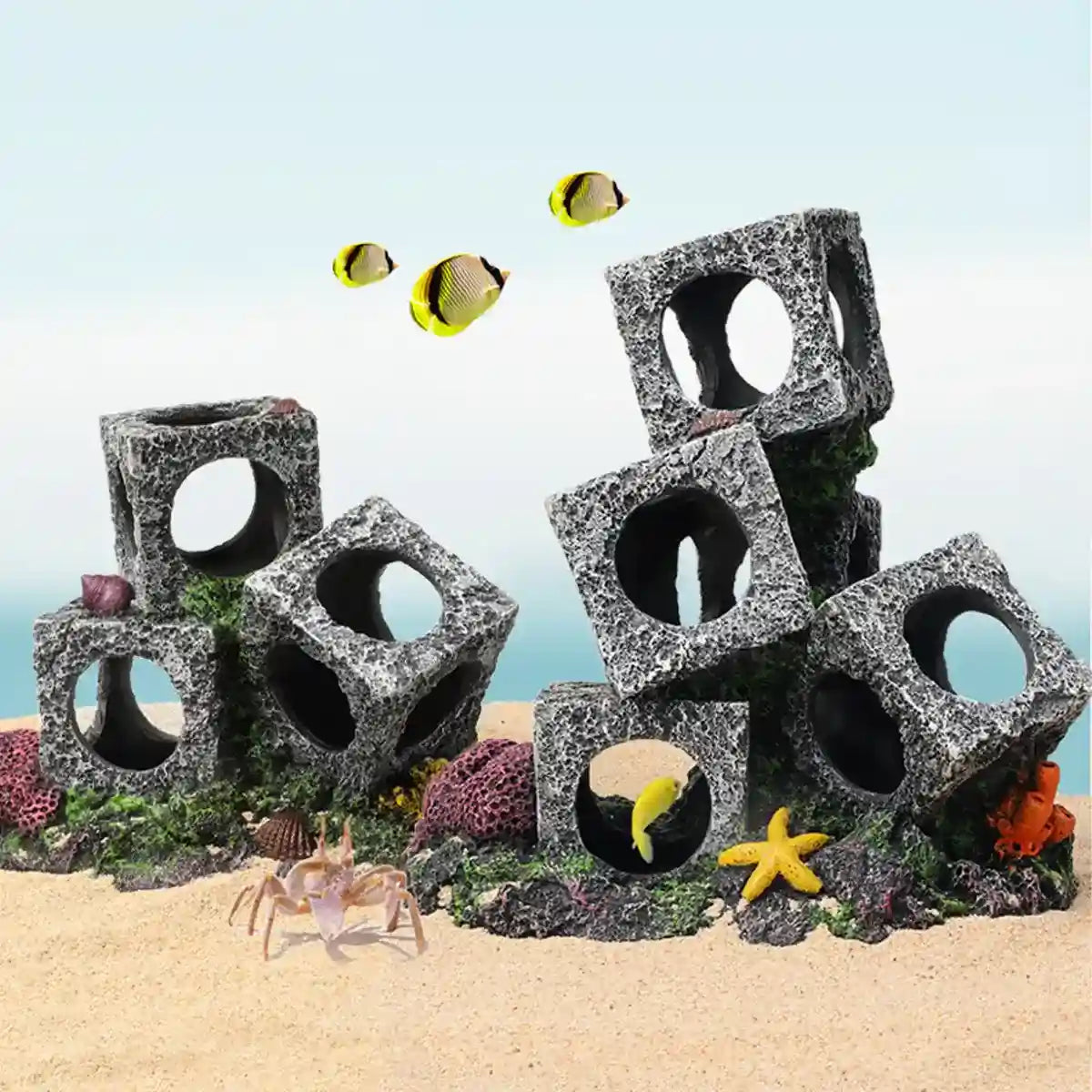 Square Aquarium Cave Resin Set for Small Fish Habitat and Aquascaping