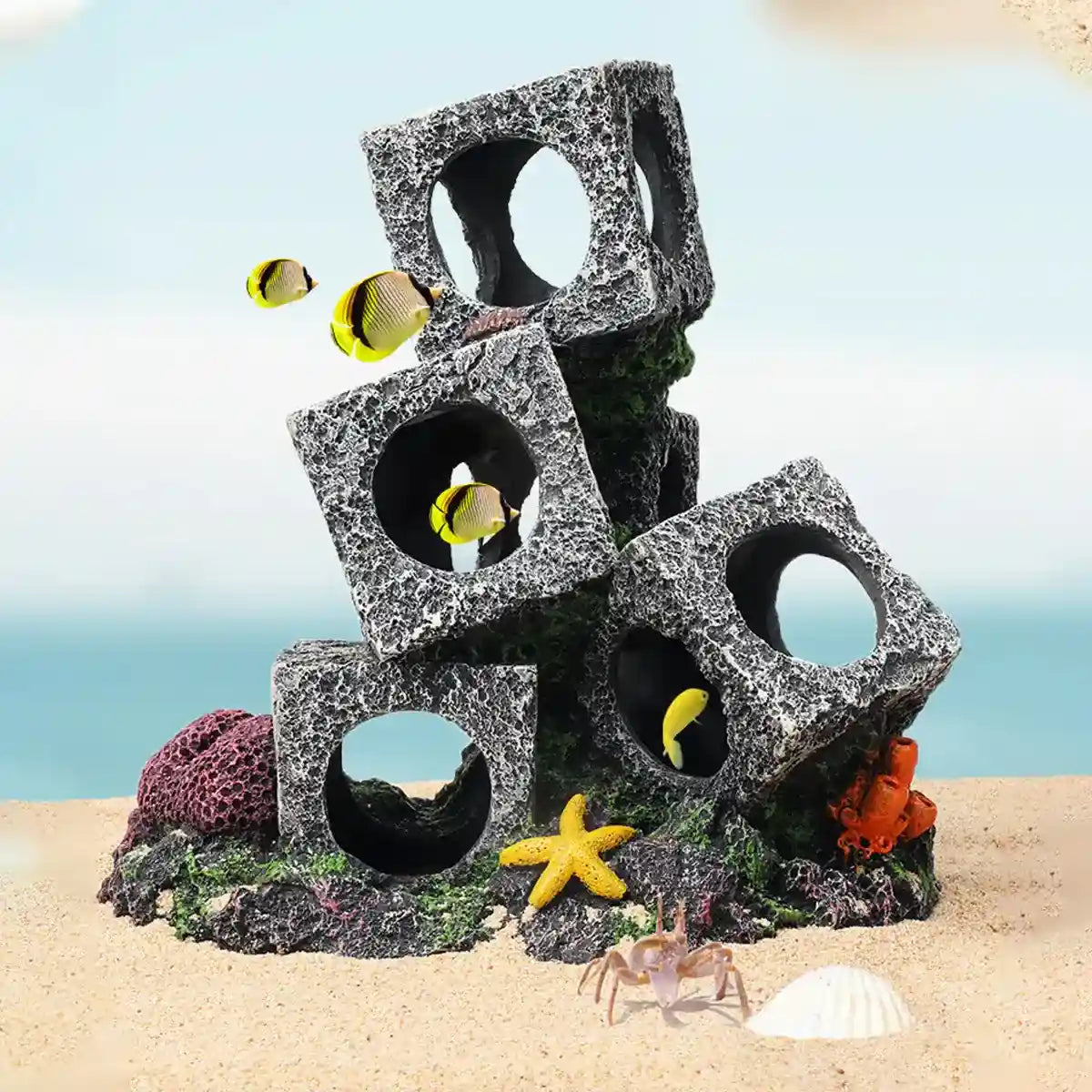 Square Aquarium Cave Resin Set for Small Fish Habitat and Aquascaping