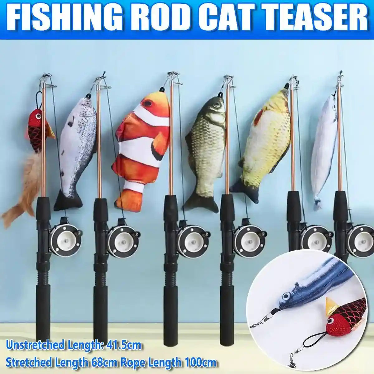 interactive cat wand toy with plush fish attachment