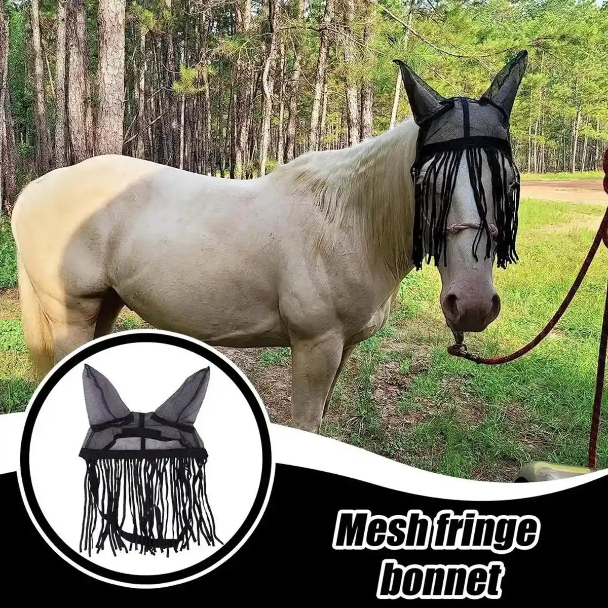 Fly-Proof Horse Ear Mask Tassel Design Face Cover for Insect Protection