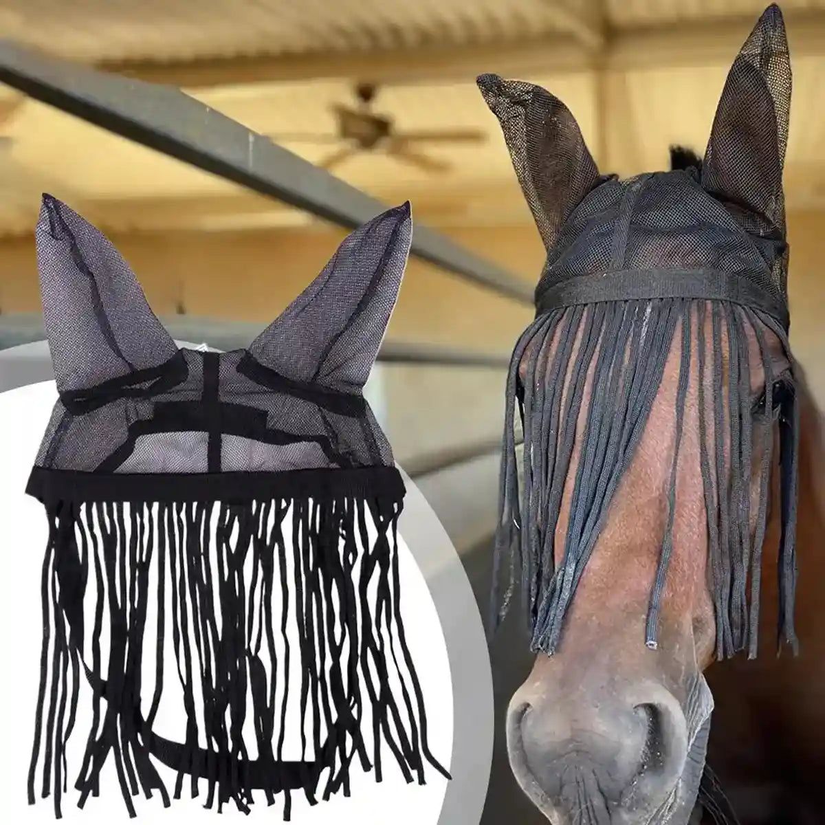 Fly-Proof Horse Ear Mask Tassel Design Face Cover for Insect Protection