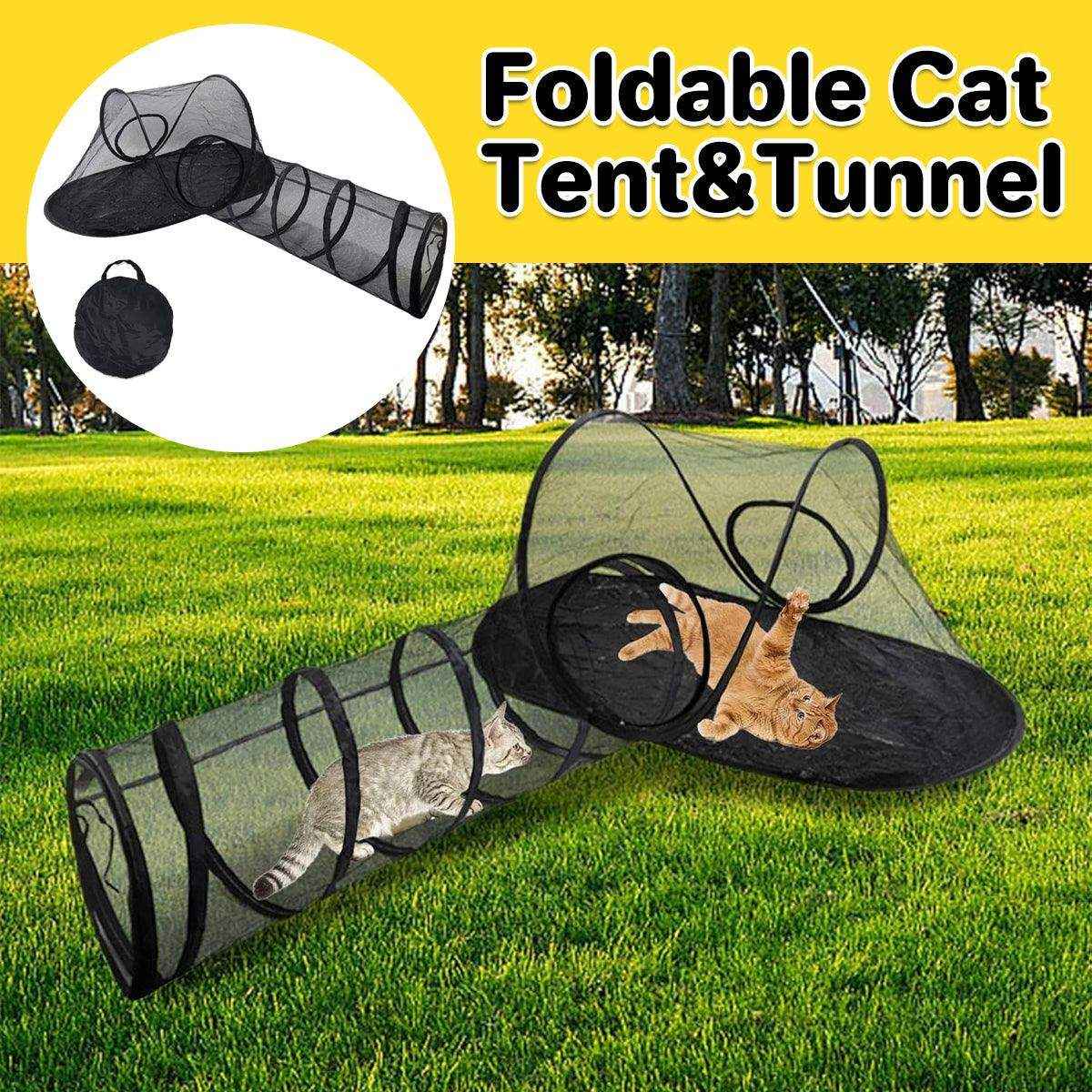 Foldable cat tunnel outdoor play tent with breathable mesh and steel frame, ideal for indoor and outdoor pet play.