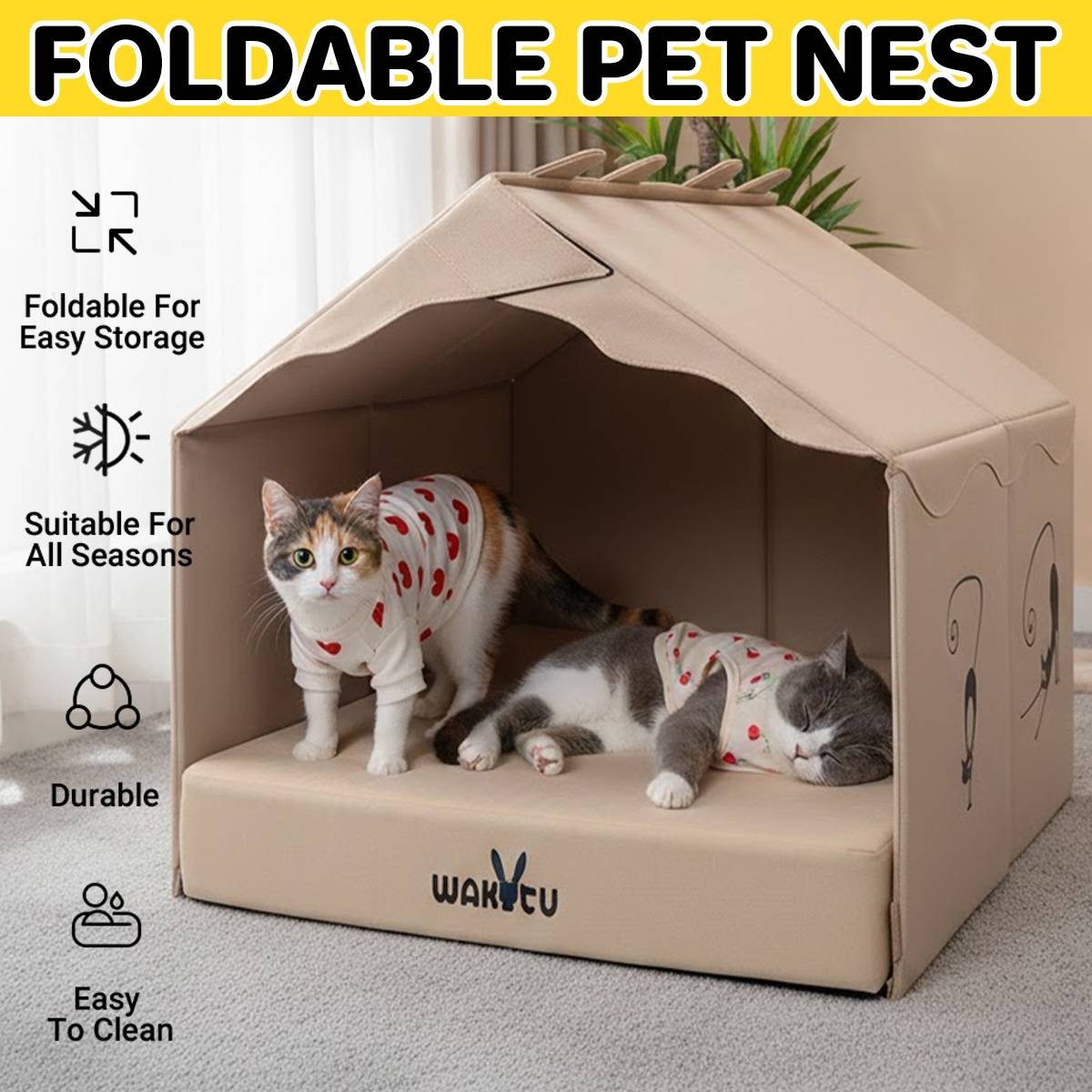 Wakytu Foldable Cat House Bed With Cushion