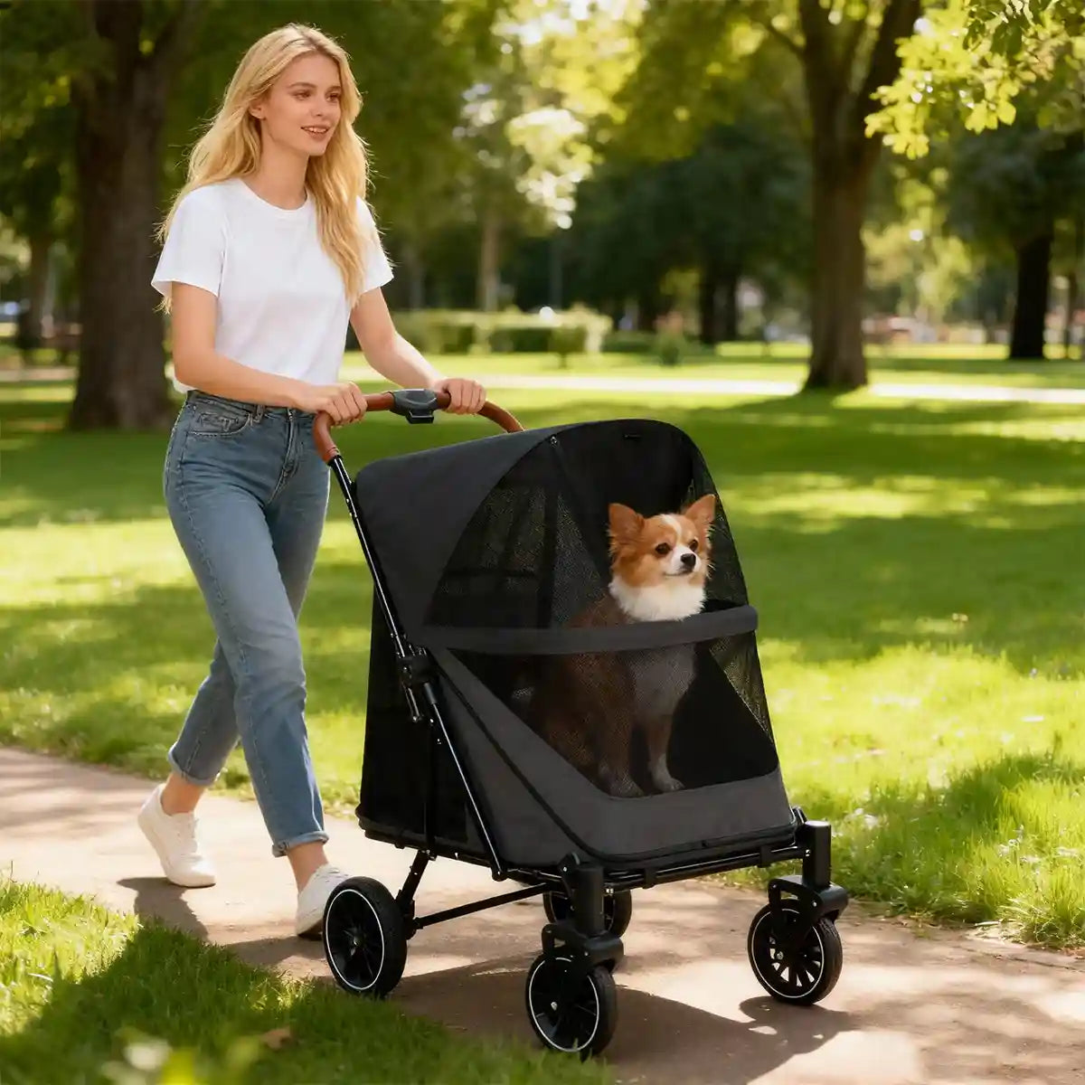 Foldable Pet Stroller with Ventilated Mesh and One-Click Folding