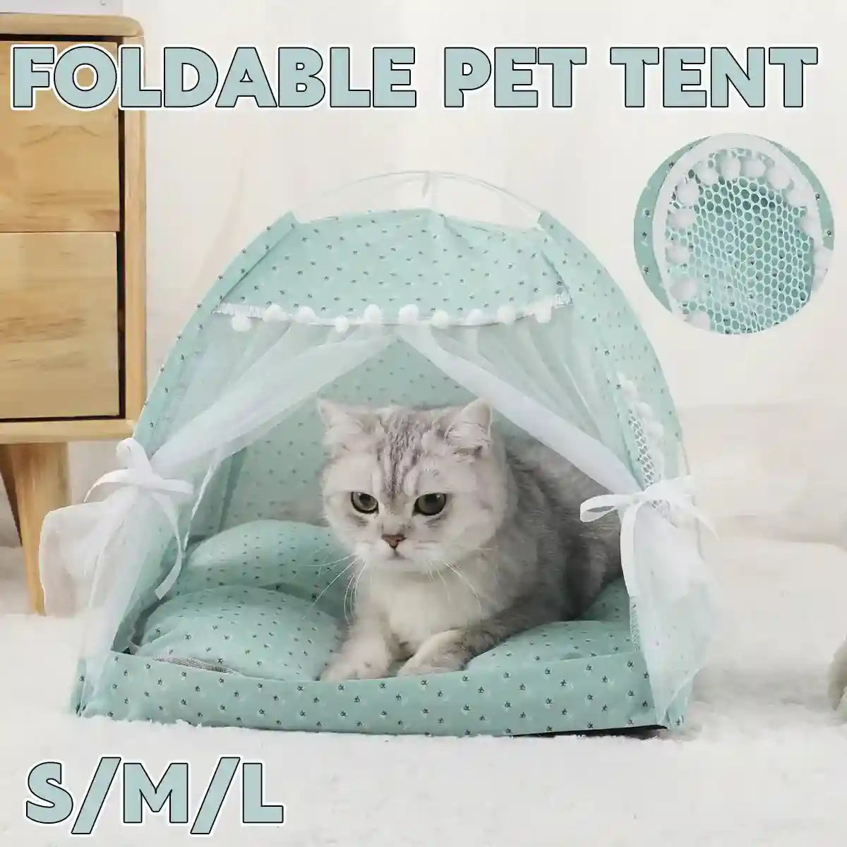 Foldable cat tent with lace curtains and cushion for indoor pets