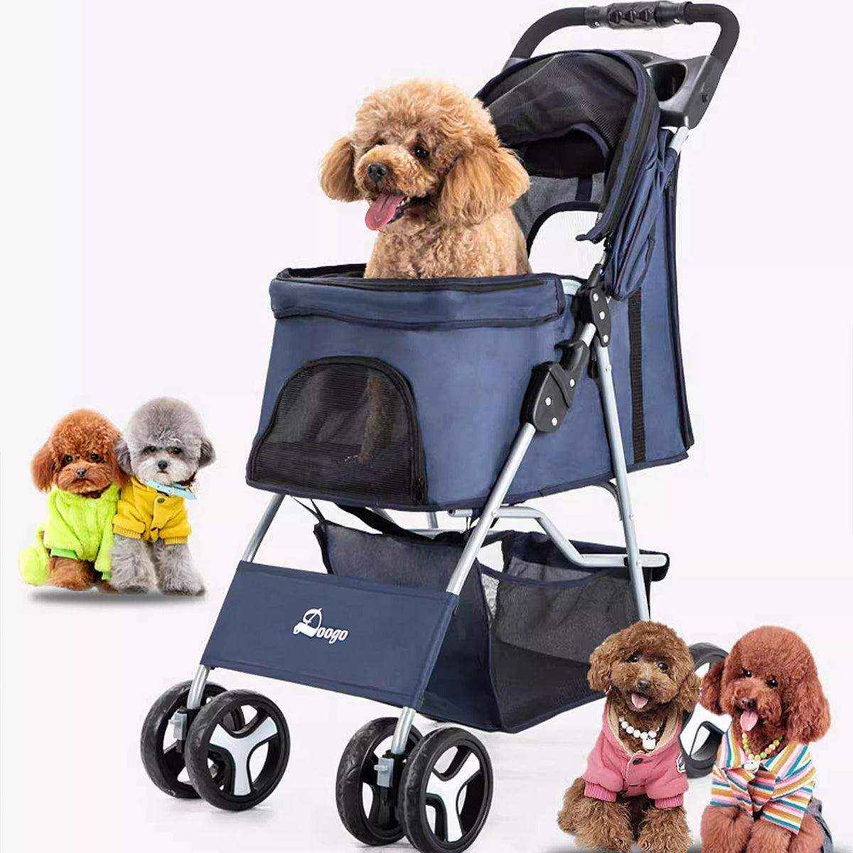 Four-wheel pet stroller with breathable mesh screens, one-step fold, and spacious storage for small pets.