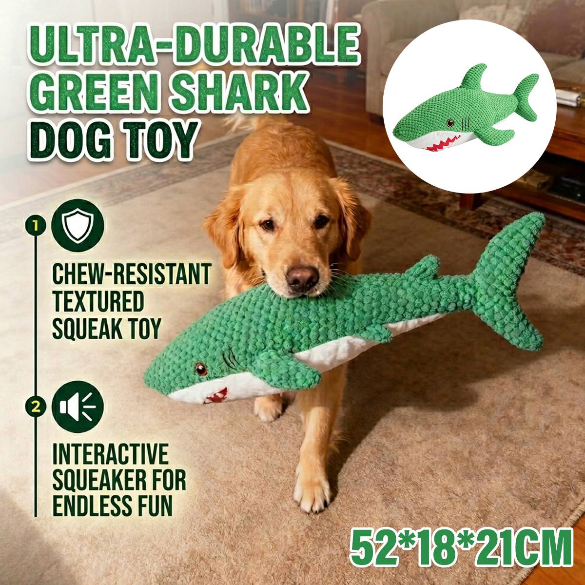Green Shark Dog Toy Chew Resistant Squeaky Plush