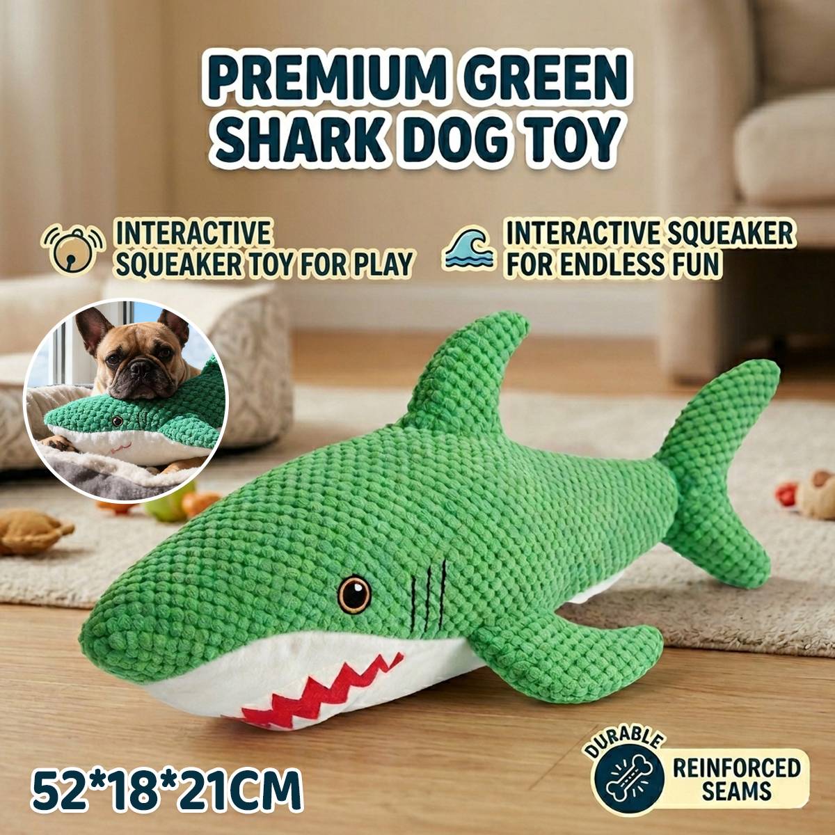 Green Shark Dog Toy Chew Resistant Squeaky Plush