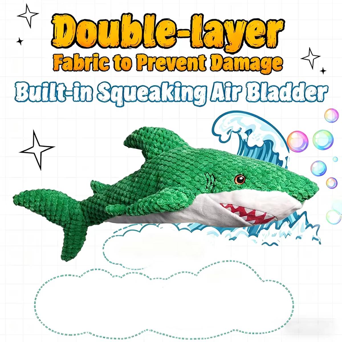 Green Shark Dog Toy Chew Resistant Squeaky Plush