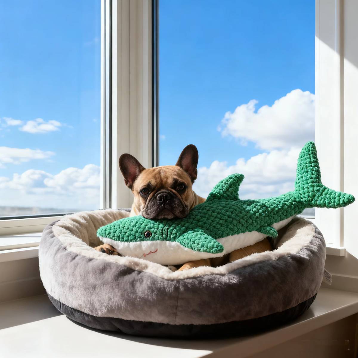 Green Shark Dog Toy Chew Resistant Squeaky Plush