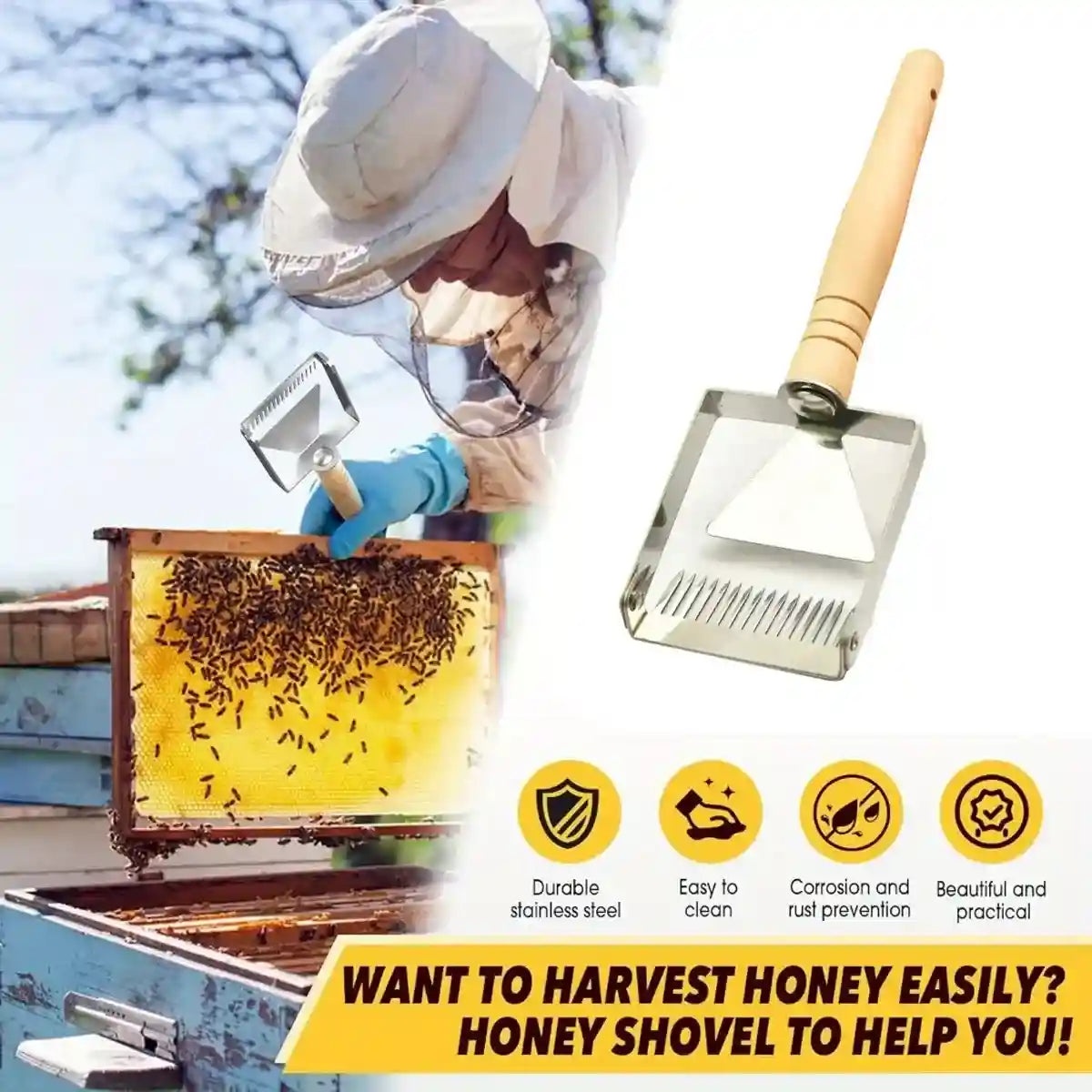 Stainless Steel Honey Scraper with 17 Tines and Wooden Handle