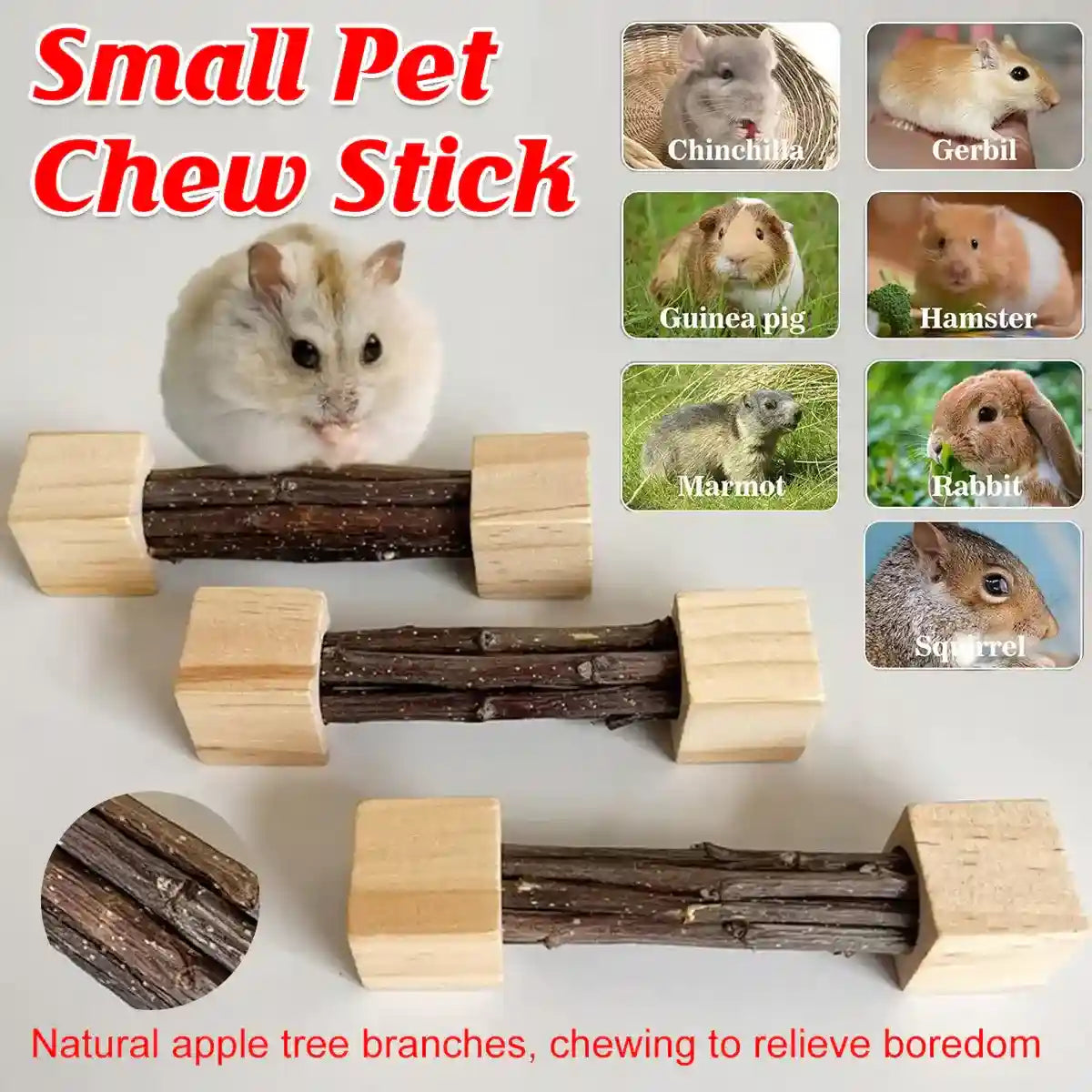 Natural apple wood rabbit chew toys for small animals like hamsters and chinchillas