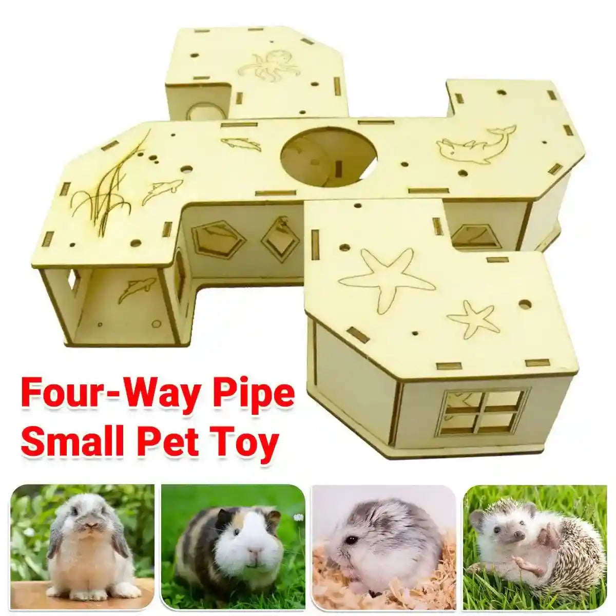 Wooden hamster tubes tunnel with multiple entrances for small pets like hamsters and guinea pigs.