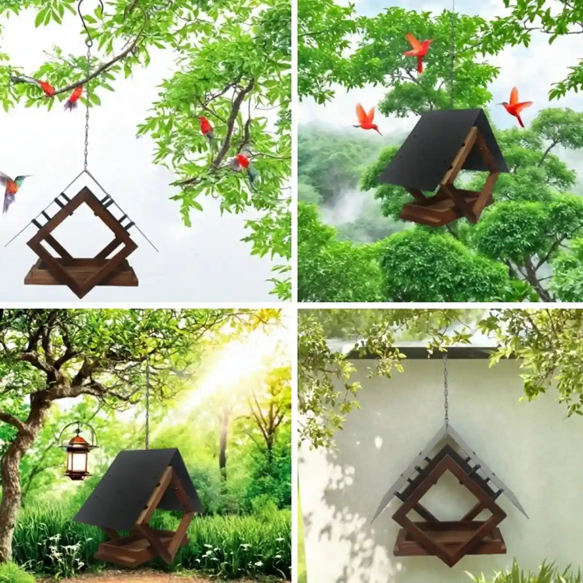 Hanging Wooden Bird Feeder With Metal Roof Fly-Through Outdoor Feeder