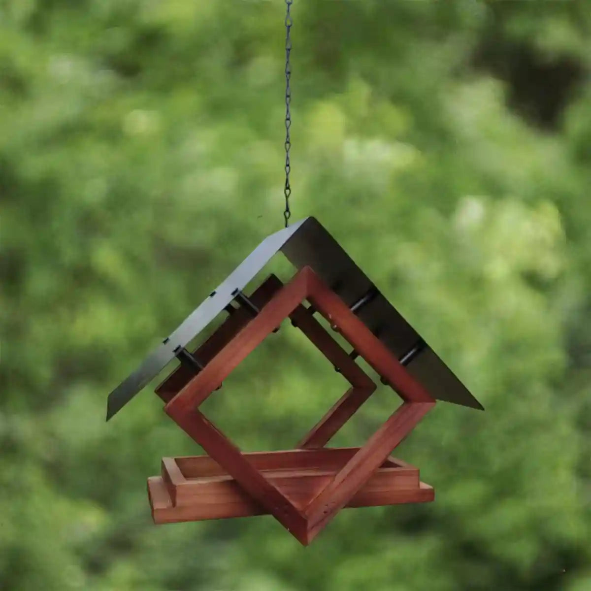 Hanging Wooden Bird Feeder With Metal Roof Fly-Through Outdoor Feeder