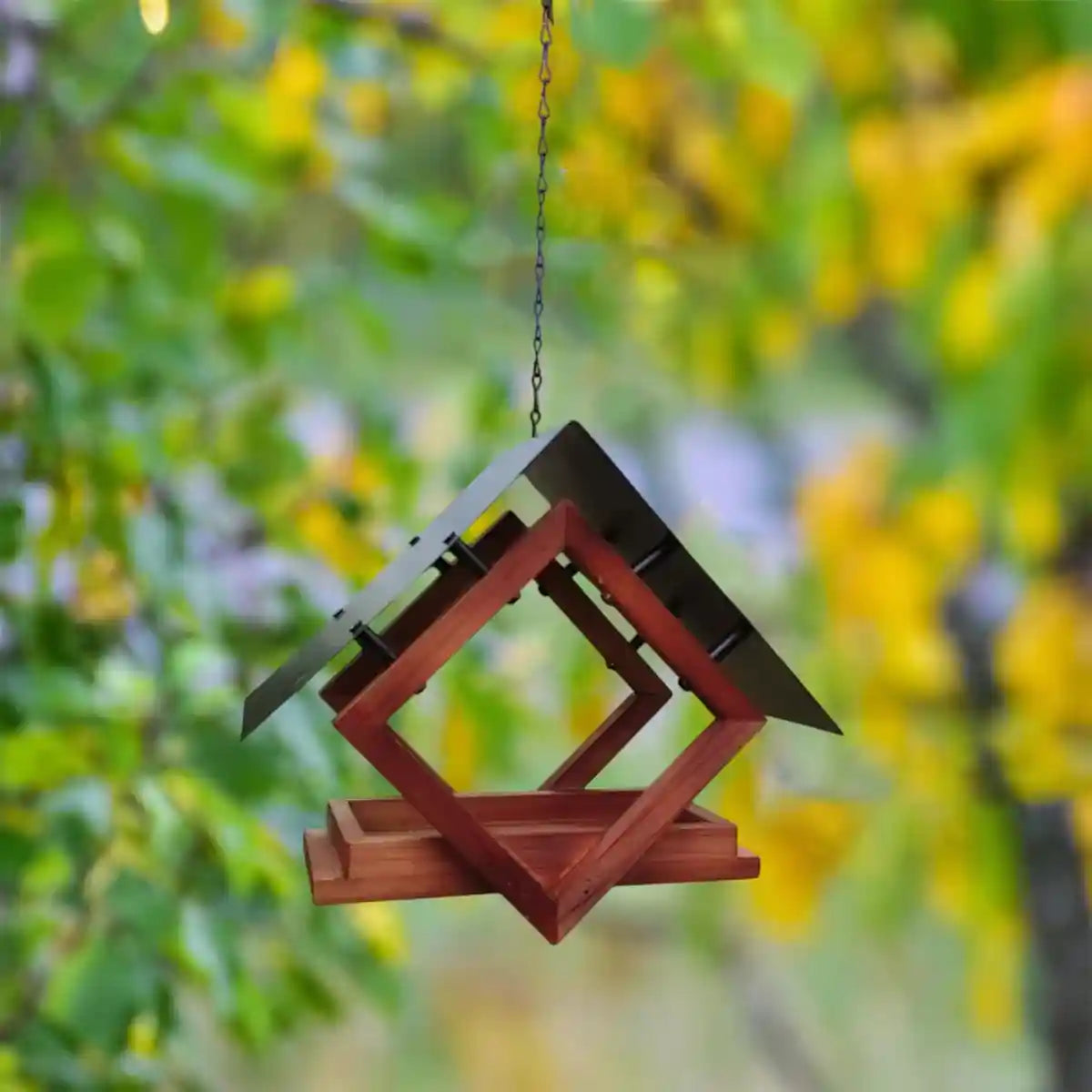 Hanging Wooden Bird Feeder With Metal Roof Fly-Through Outdoor Feeder