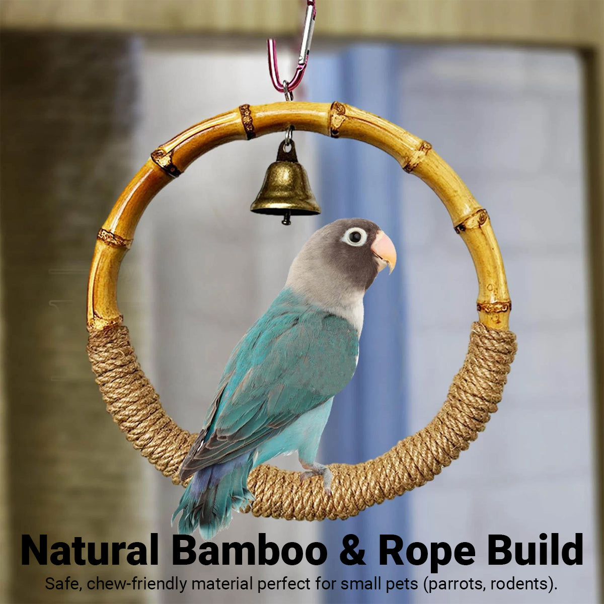 Hanging Bird Toy Natural Bamboo Ring Perch with Bell