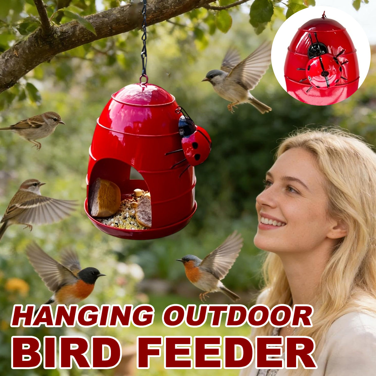 Hanging Outdoor Bird Feeder With Ladybug Design