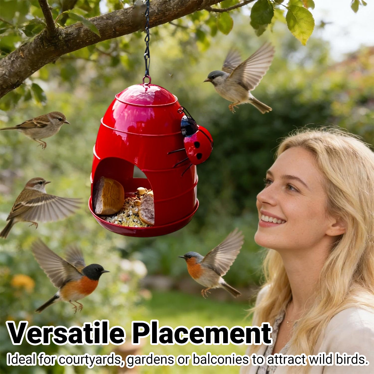 Hanging Outdoor Bird Feeder With Ladybug Design