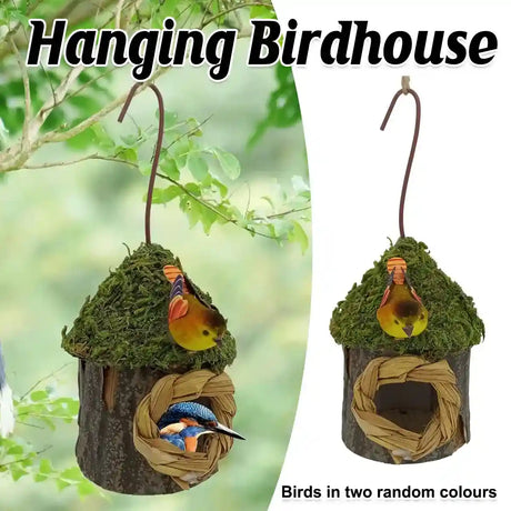 Mushroom-style hanging birdhouse with decorative bird for garden use