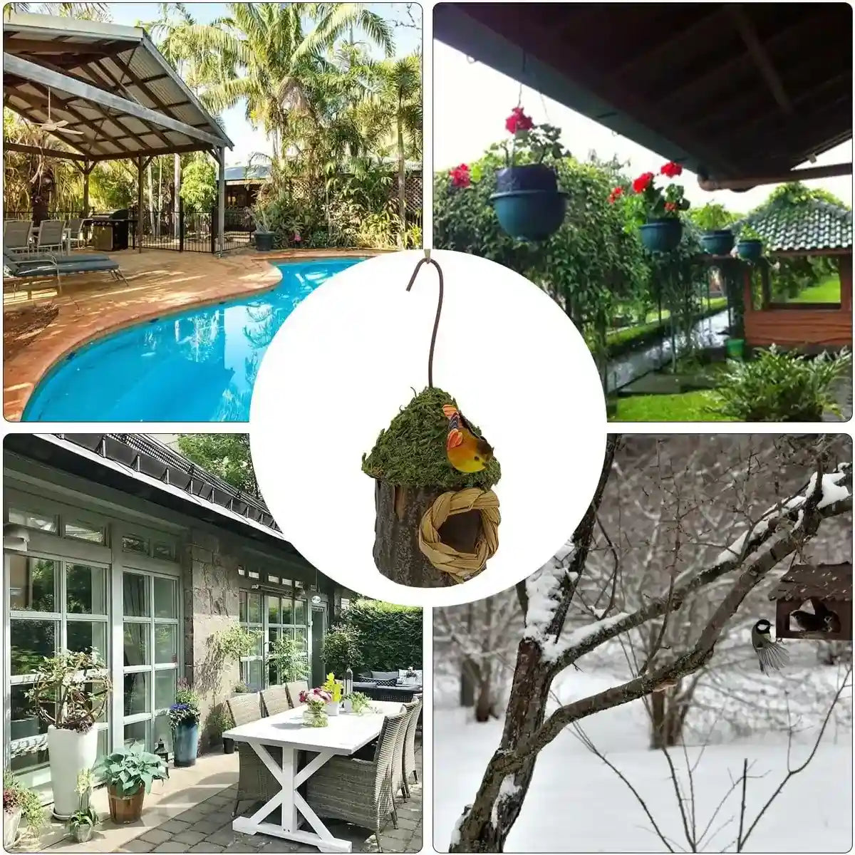 Whimsical Garden Decor with Hanging Birdhouse in Mushroom Style