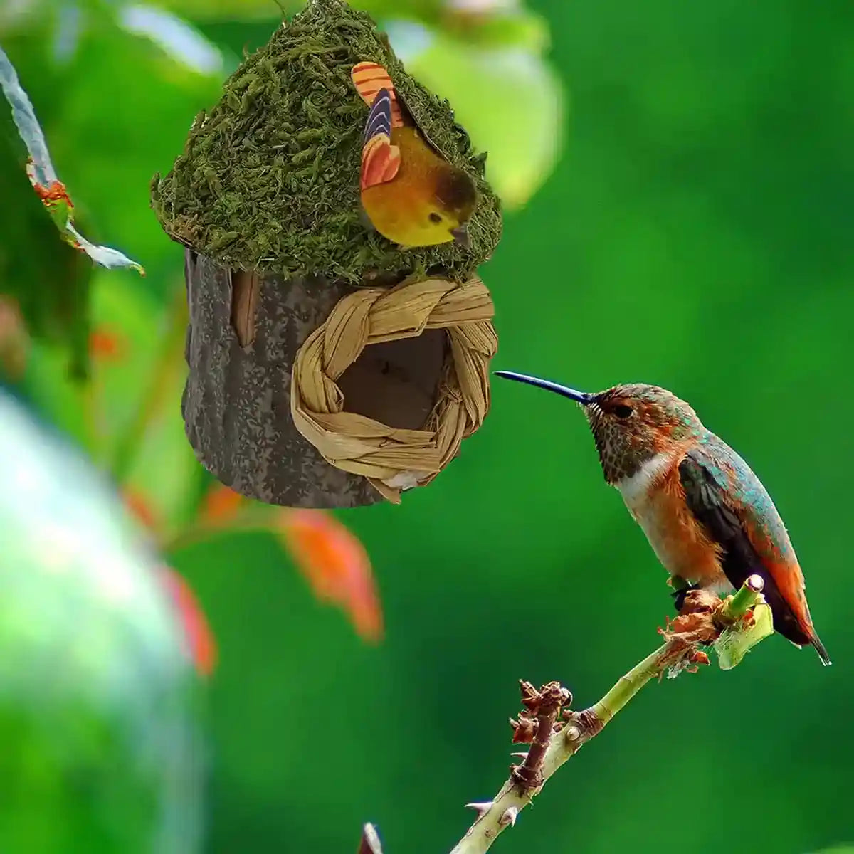 Whimsical Garden Decor with Hanging Birdhouse in Mushroom Style