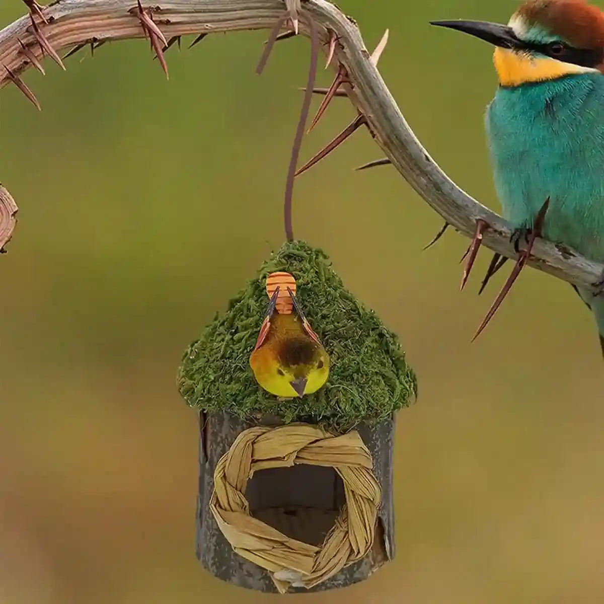 Whimsical Garden Decor with Hanging Birdhouse in Mushroom Style