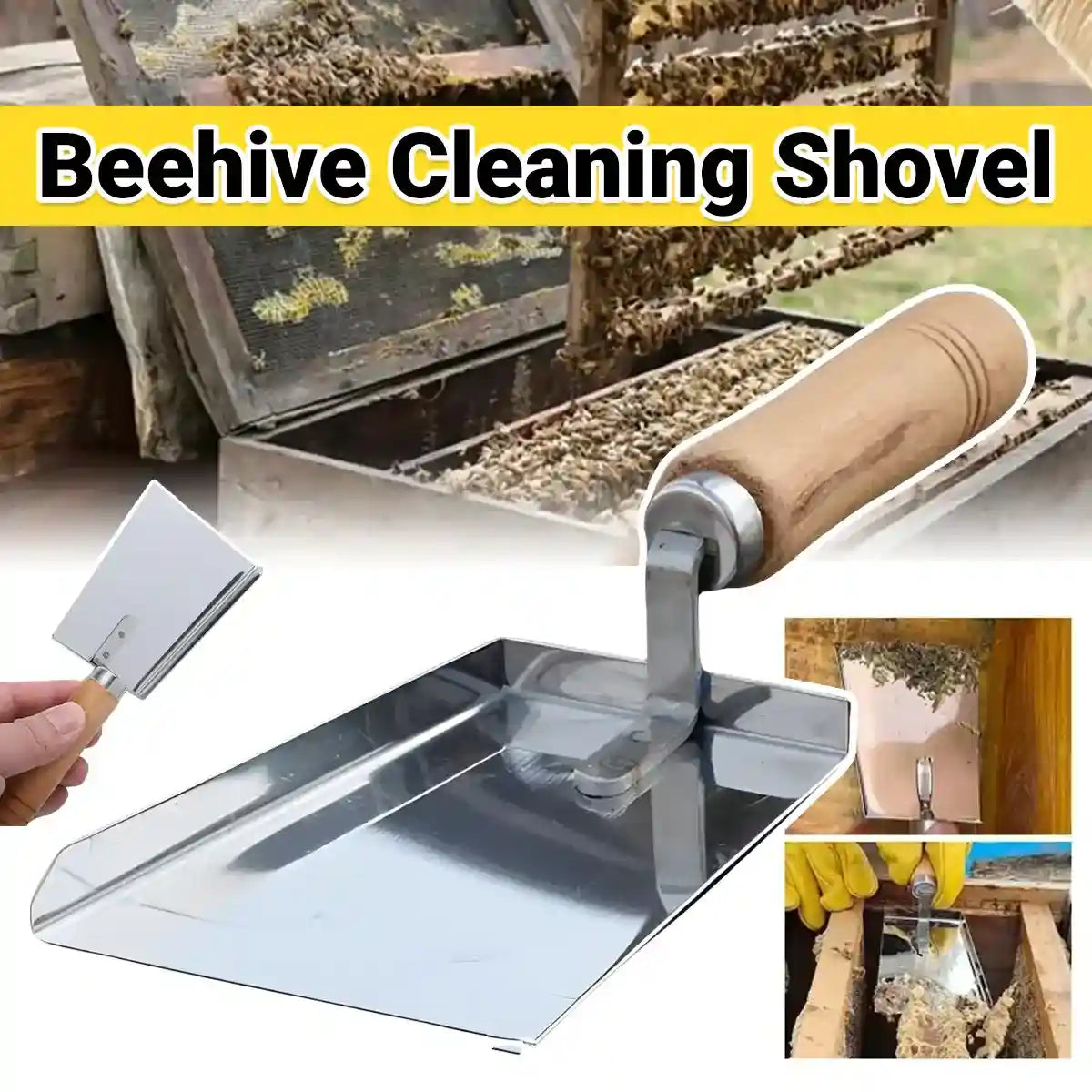 Stainless steel beehive cleaning shovel with wooden handle for hive maintenance