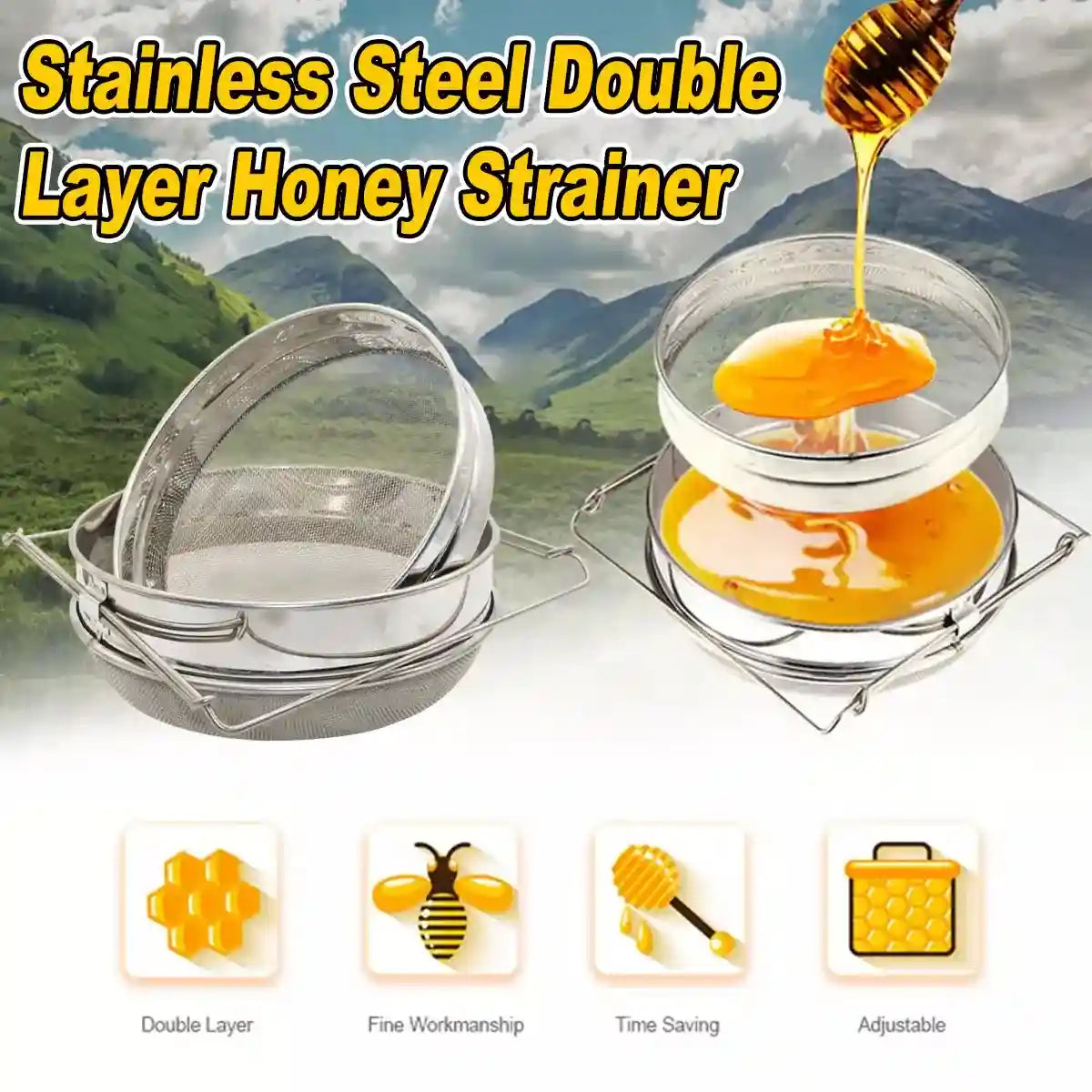 Stainless steel honey strainer with double mesh and adjustable stand for bucket filtering