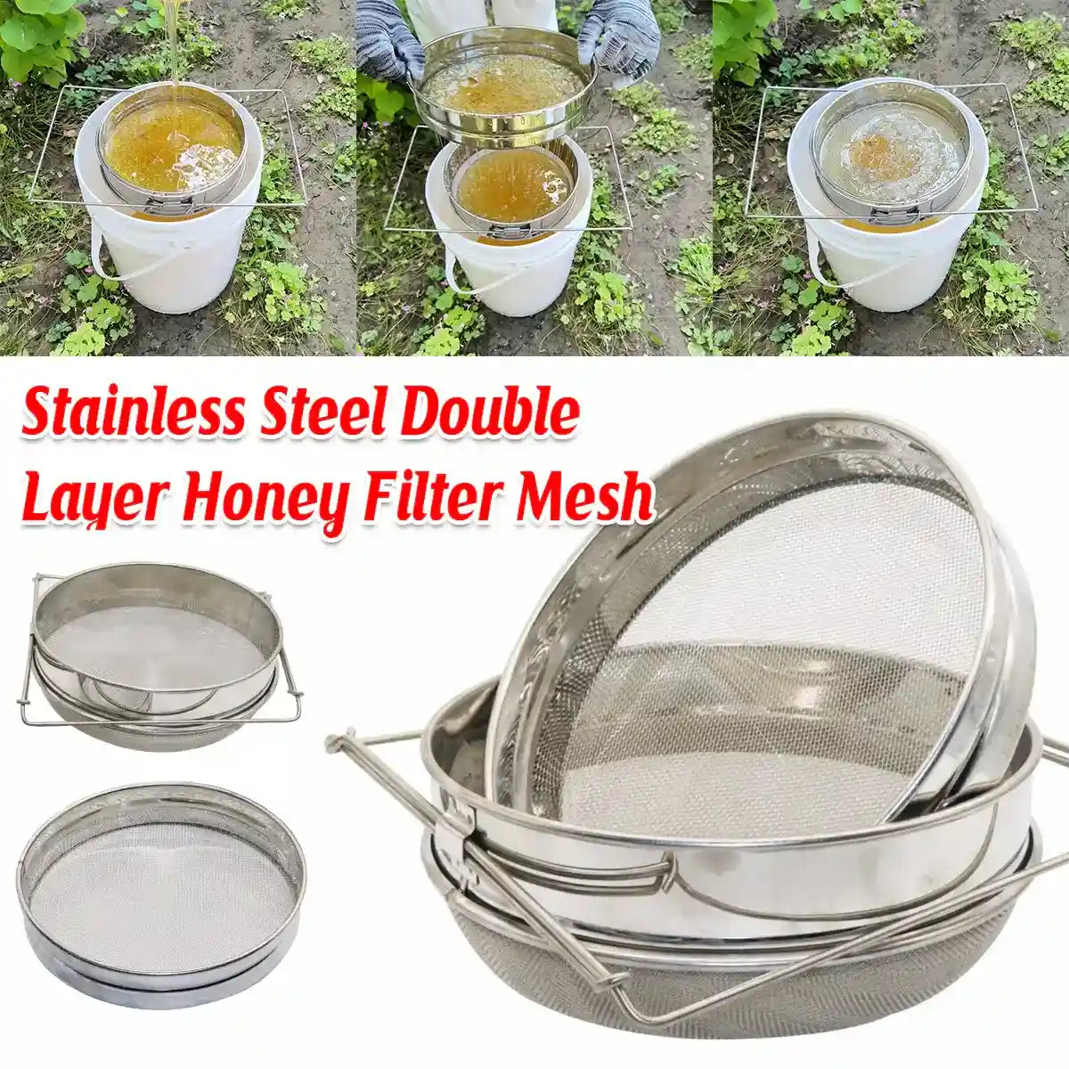 Double-Layer Stainless Steel Honey Strainer with Adjustable Stand