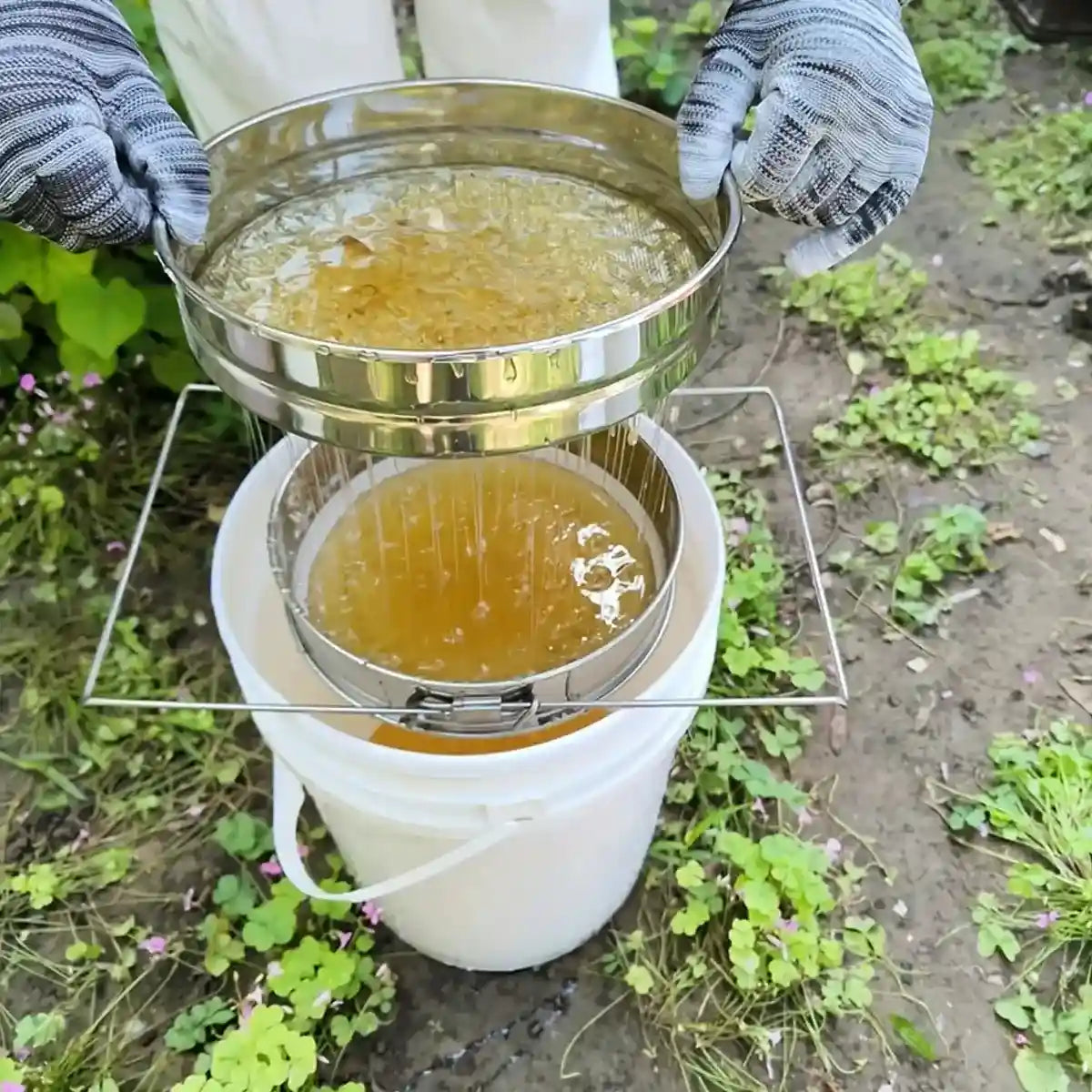 Double-Layer Stainless Steel Honey Strainer with Adjustable Stand