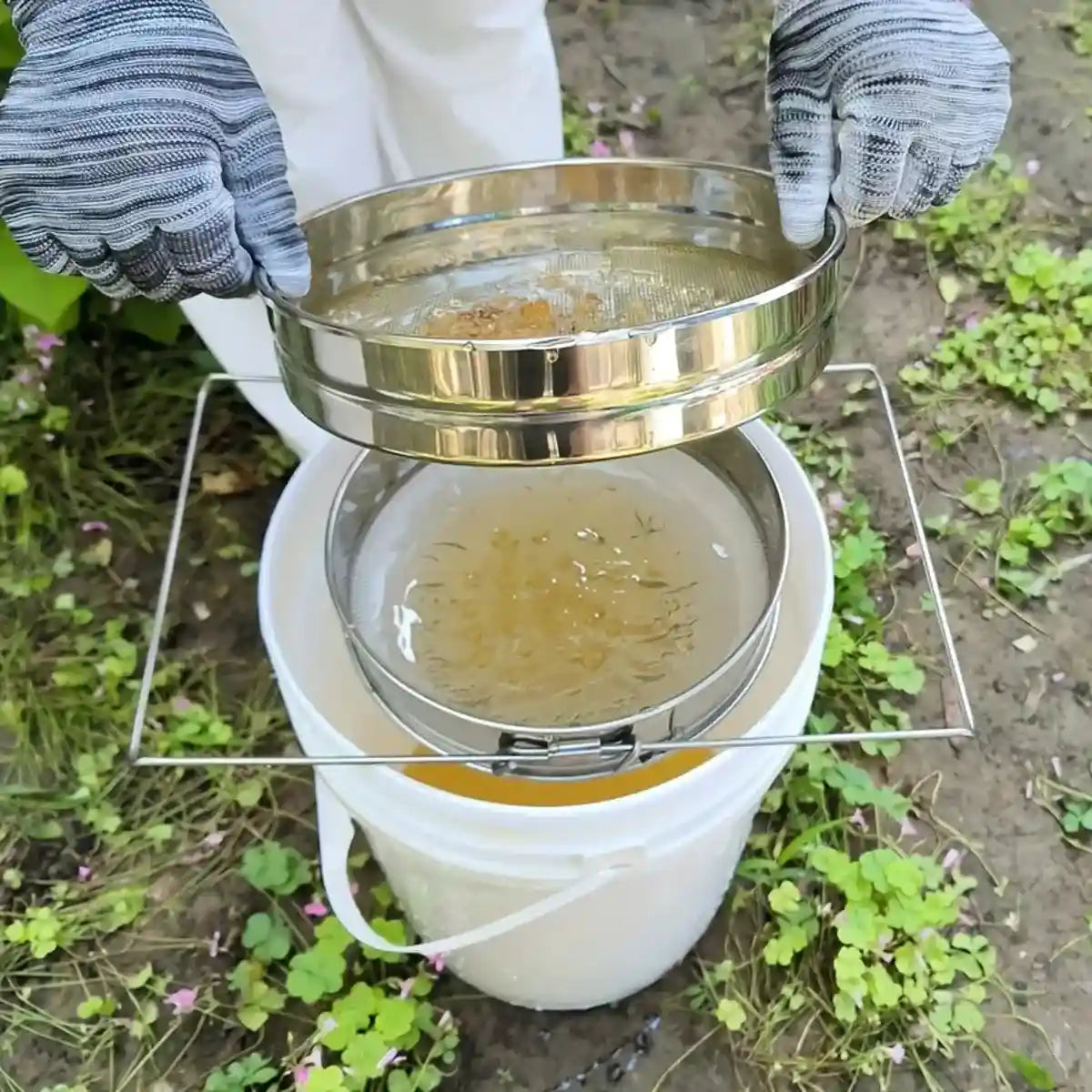 Double-Layer Stainless Steel Honey Strainer with Adjustable Stand