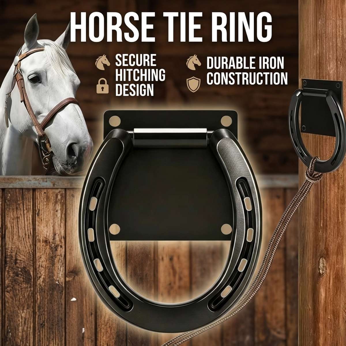 Horse Tie Ring - Horseshoe Cross Tie Stable Anchor