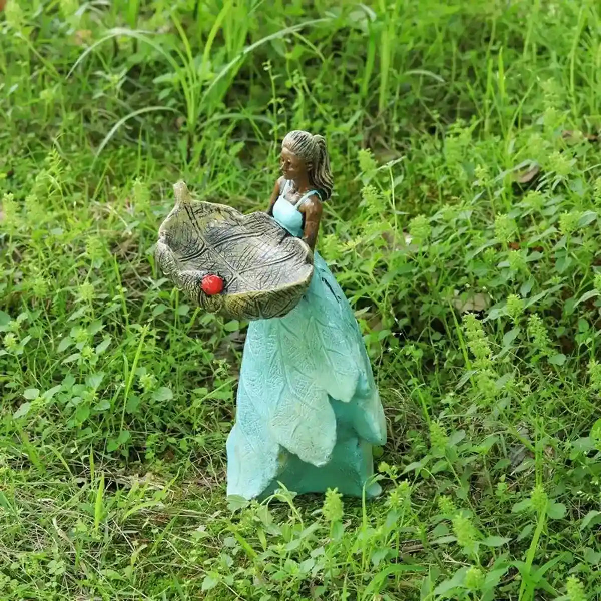 Decorative Resin Bird Feeder Girl Holding Leaf Bowl