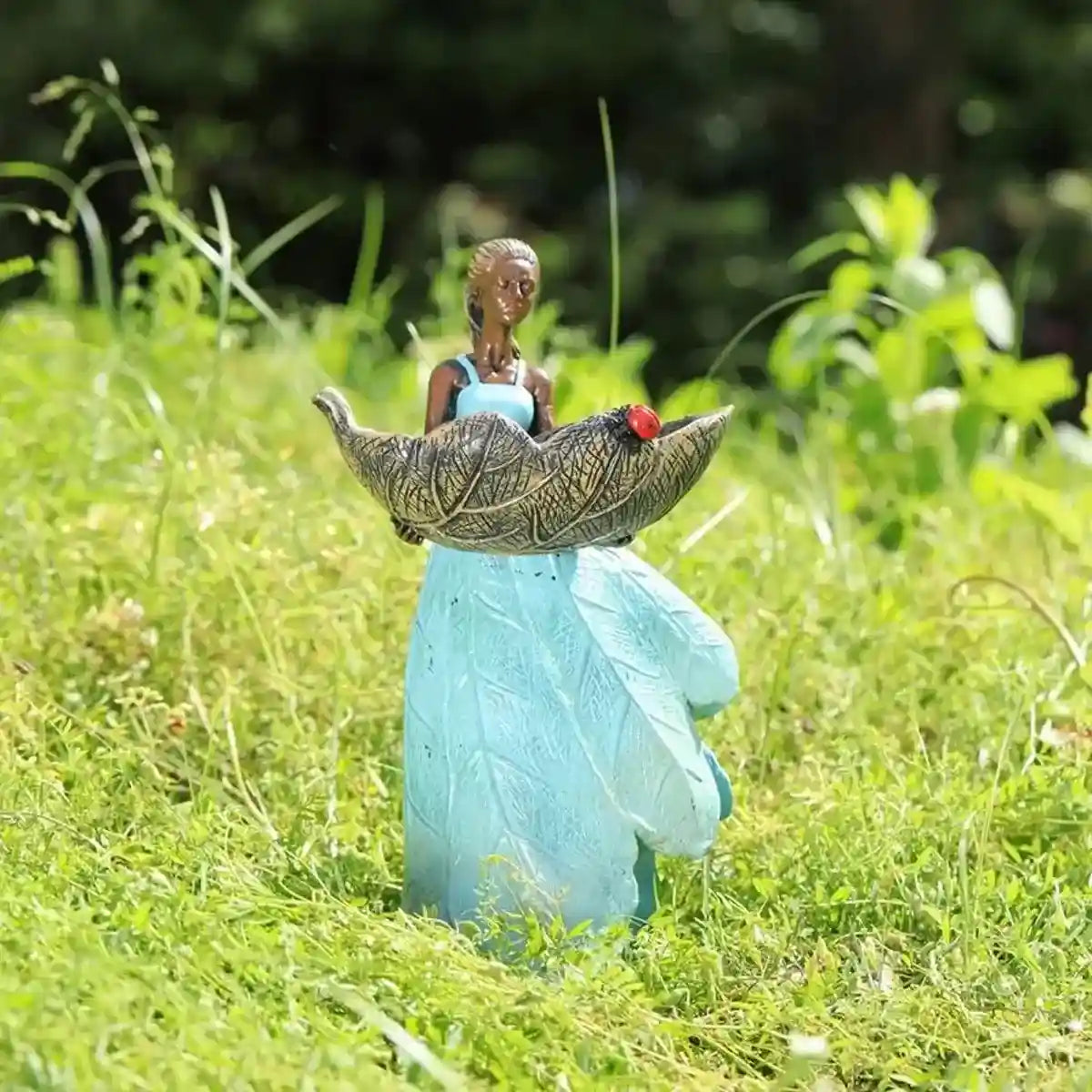 Decorative Resin Bird Feeder Girl Holding Leaf Bowl