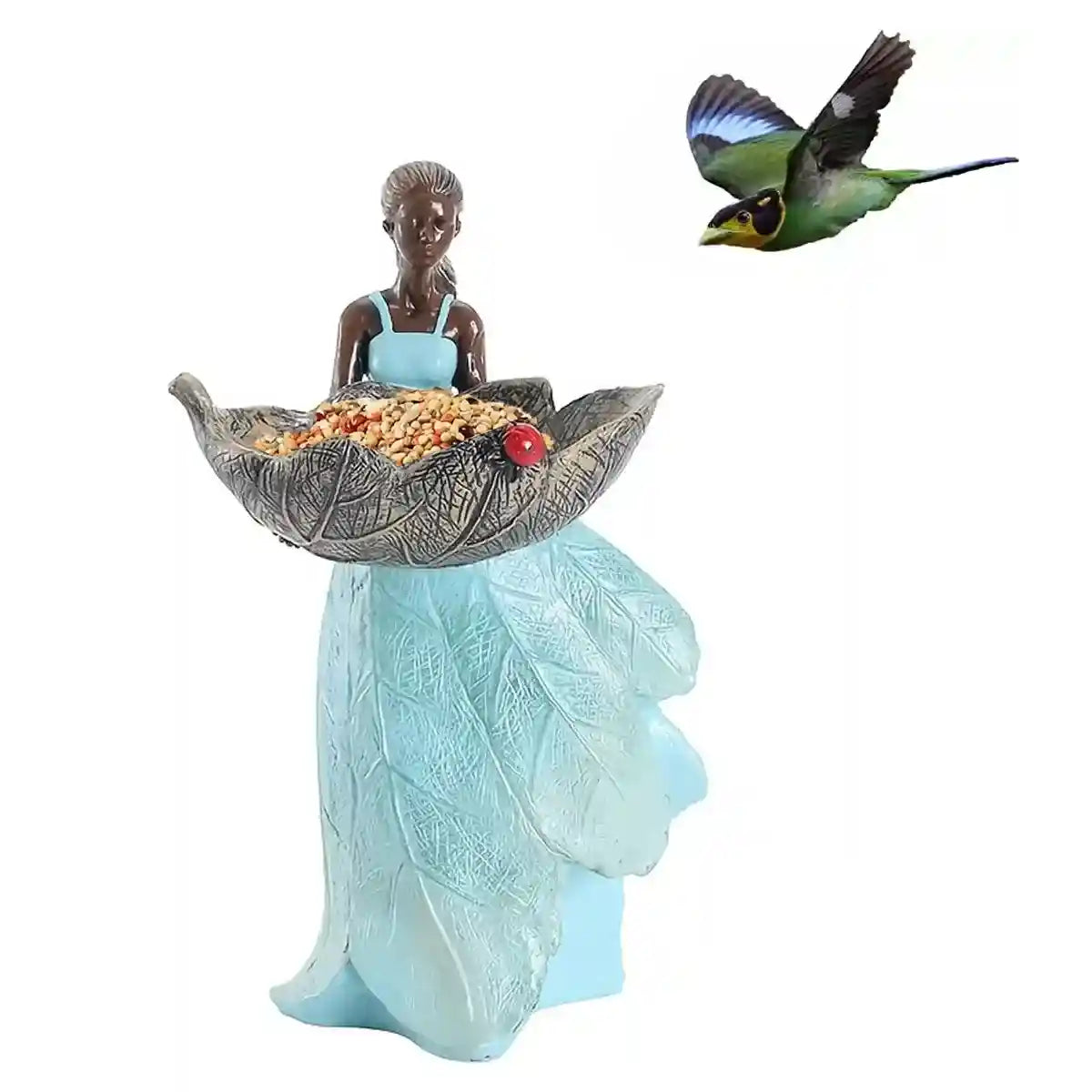 Decorative Resin Bird Feeder Girl Holding Leaf Bowl