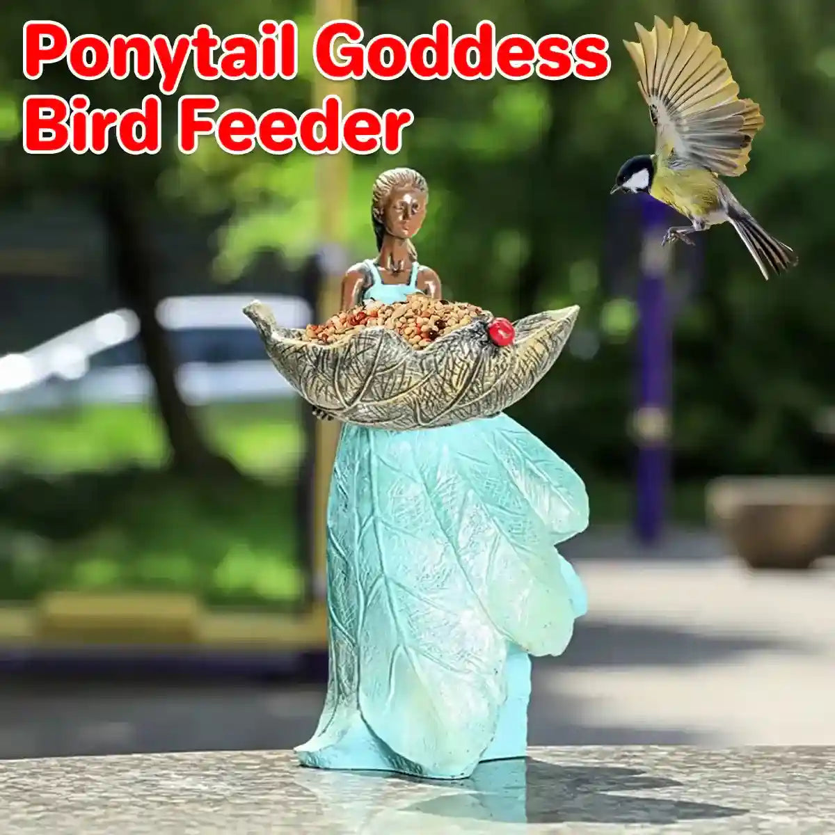 Decorative Resin Bird Feeder Girl Holding Leaf Bowl