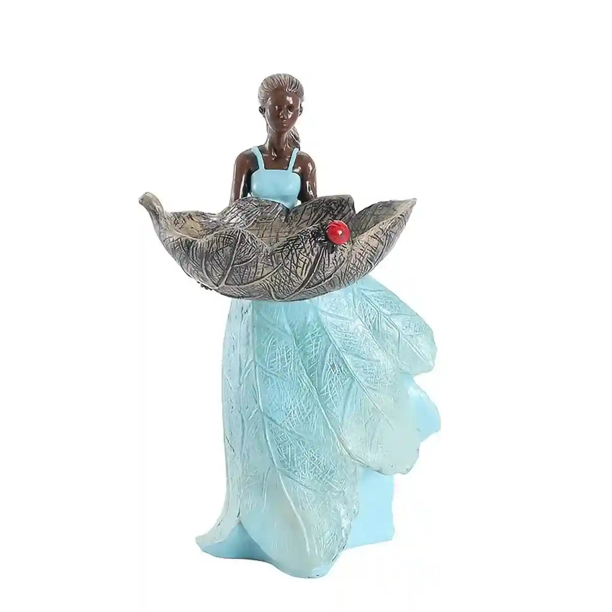 Decorative Resin Bird Feeder Girl Holding Leaf Bowl