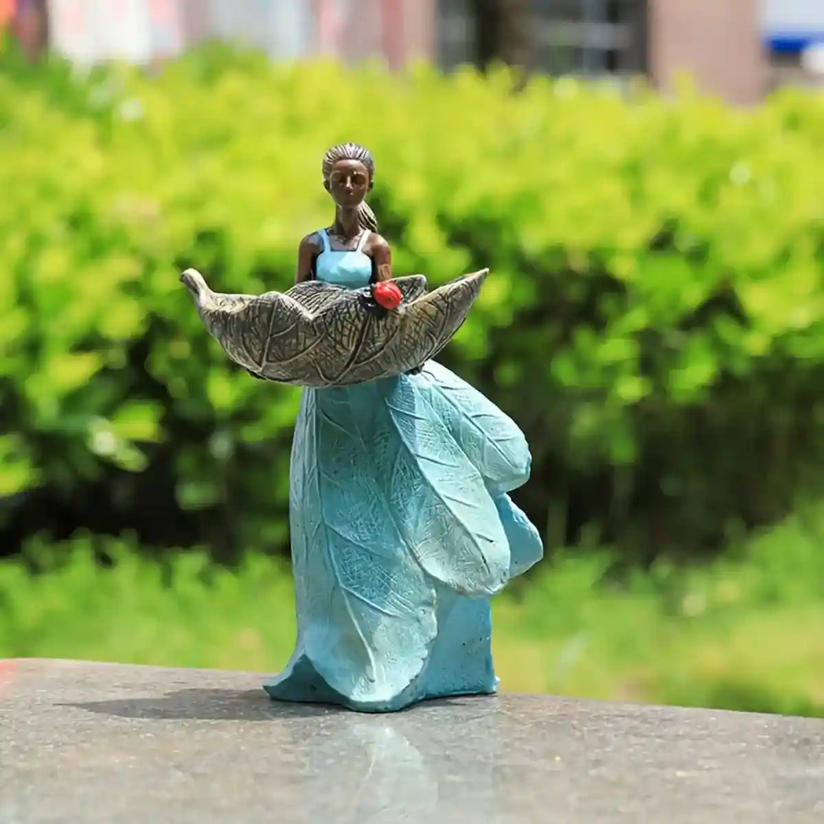 Decorative Resin Bird Feeder Girl Holding Leaf Bowl